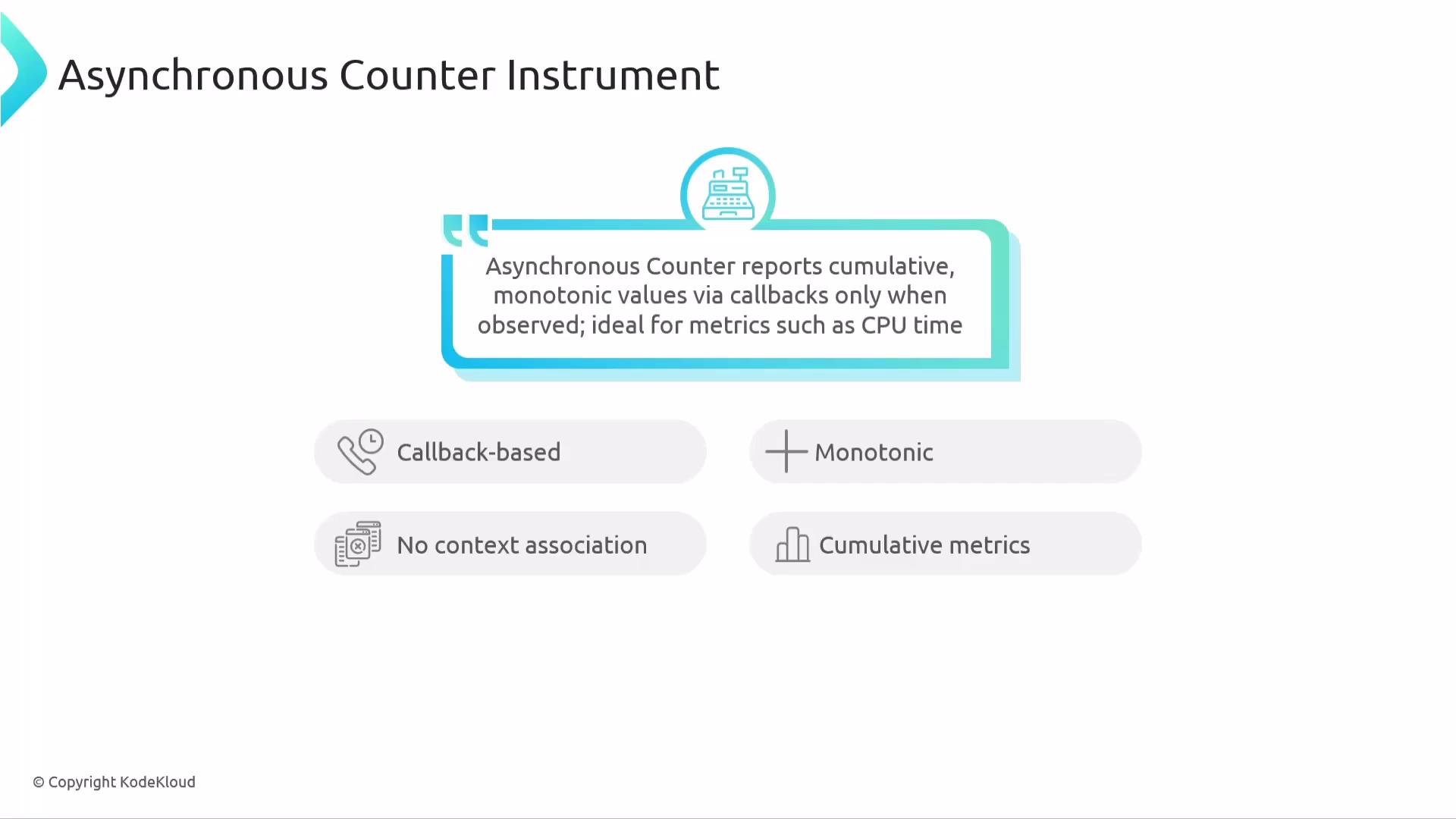 The image describes an "Asynchronous Counter Instrument," highlighting its use for reporting cumulative, monotonic values via callbacks, and its characteristics like being ideal for metrics such as CPU time, callback-based, and having no context association.