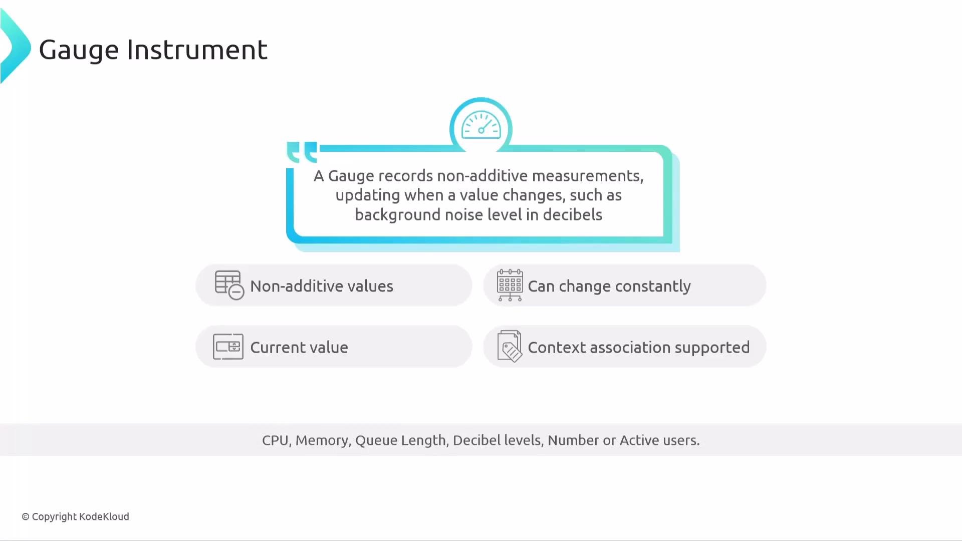 The image is an infographic about a gauge instrument, describing it as recording non-additive measurements that update with changes in values, such as background noise levels, and highlighting features like non-additive values, constant changes, current value, and context association.