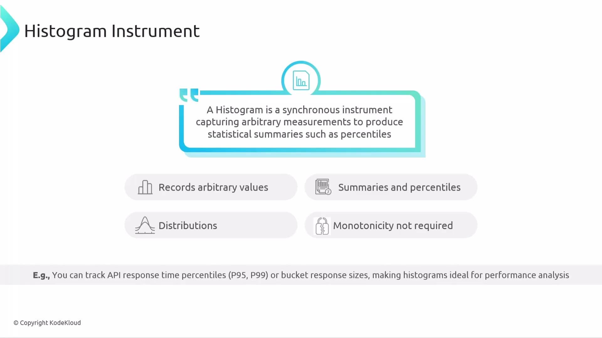 The image describes a histogram instrument as a tool for capturing arbitrary measurements to produce statistical summaries like percentiles. It lists features such as recording arbitrary values, generating summaries and percentiles, understanding distributions, and not requiring monotonicity.