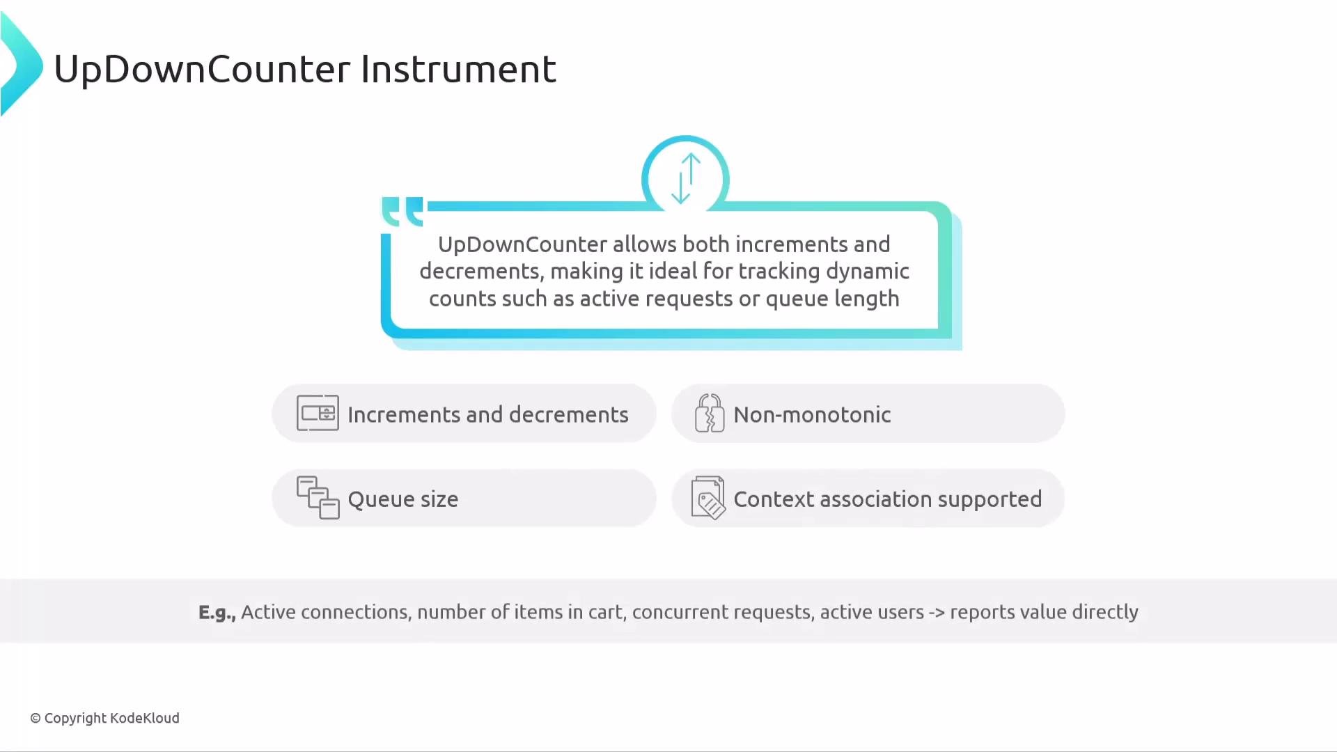 The image is a presentation slide about the UpDownCounter Instrument, highlighting its features such as tracking increments and decrements, non-monotonic behavior, queue size, and context association. It is useful for tracking dynamic counts like active requests or queue length.
