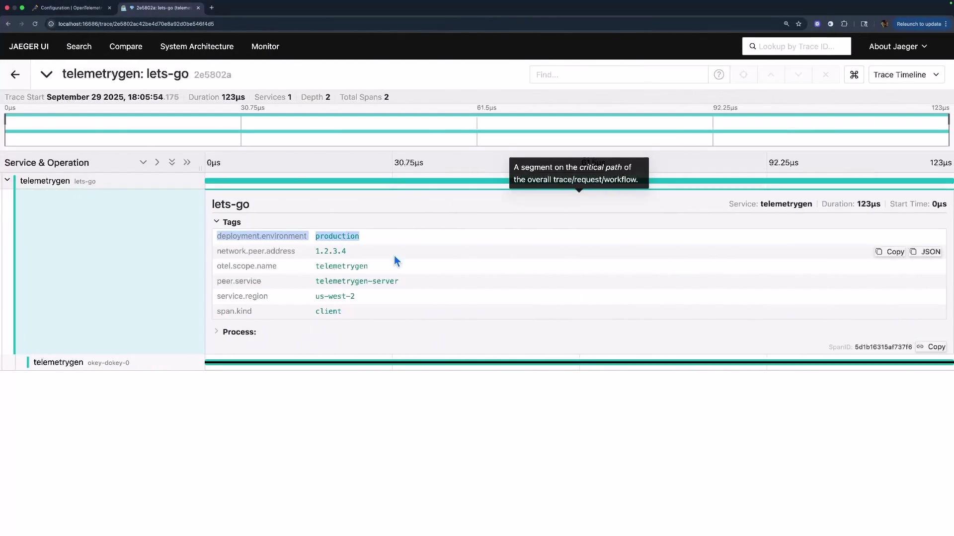 The image shows a user interface from Jaeger, a tracing system, displaying trace details for a service named "telemetrygen: lets-go," with information such as trace duration, deployment environment, and network peer address.