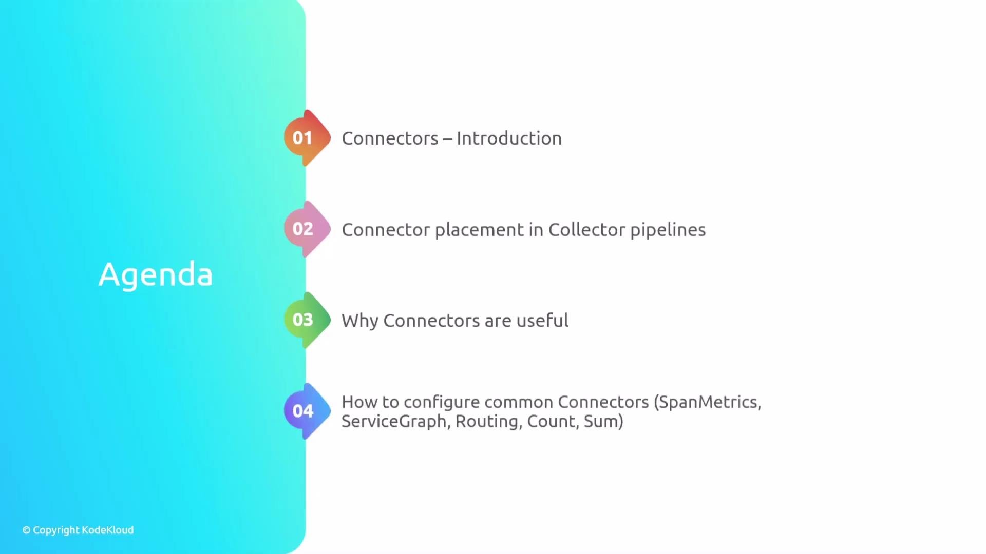 The image shows an agenda with four items related to connectors, covering their introduction, placement, usefulness, and configuration.