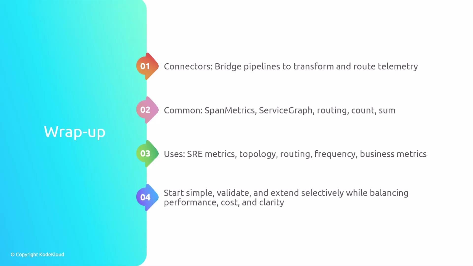 The image is a slide labeled "Wrap-up" that outlines four key points related to telemetry, metrics, and performance. Each point has a number and highlights functions like connectors, common metrics, and strategic guidelines.