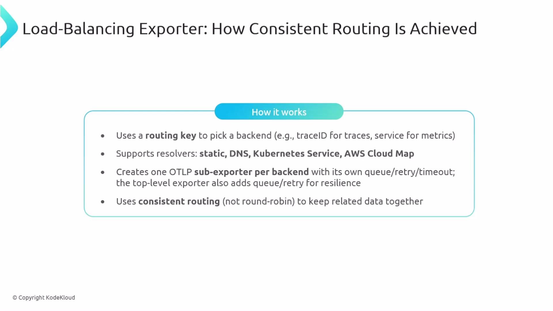 The image describes how a load-balancing exporter achieves consistent routing, using a routing key, supporting various resolvers, creating sub-exporters per backend, and maintaining consistent routing.