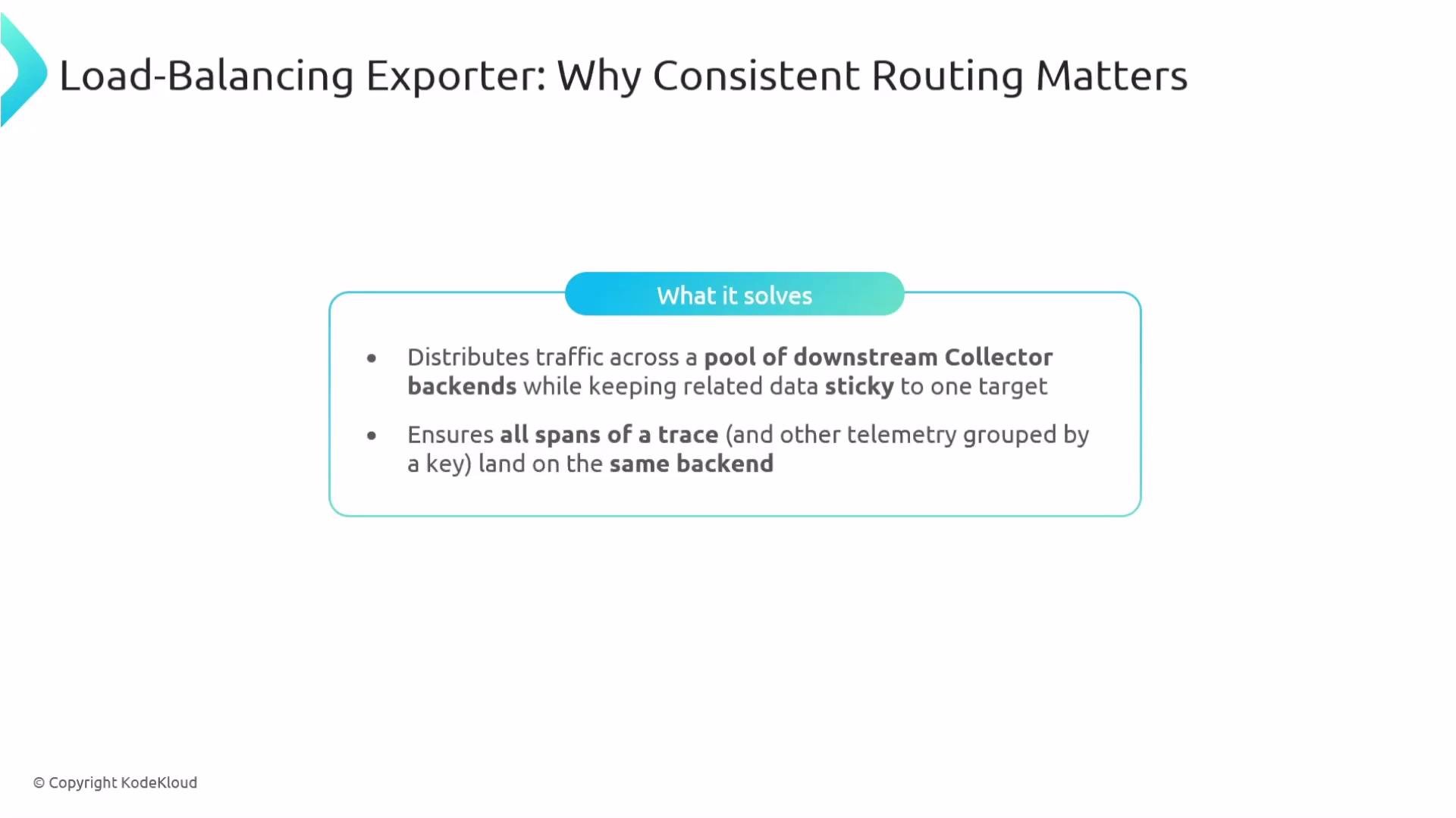 The image presents information about a "Load-Balancing Exporter" and explains the importance of consistent routing for distributing traffic and ensuring data consistency across backends.