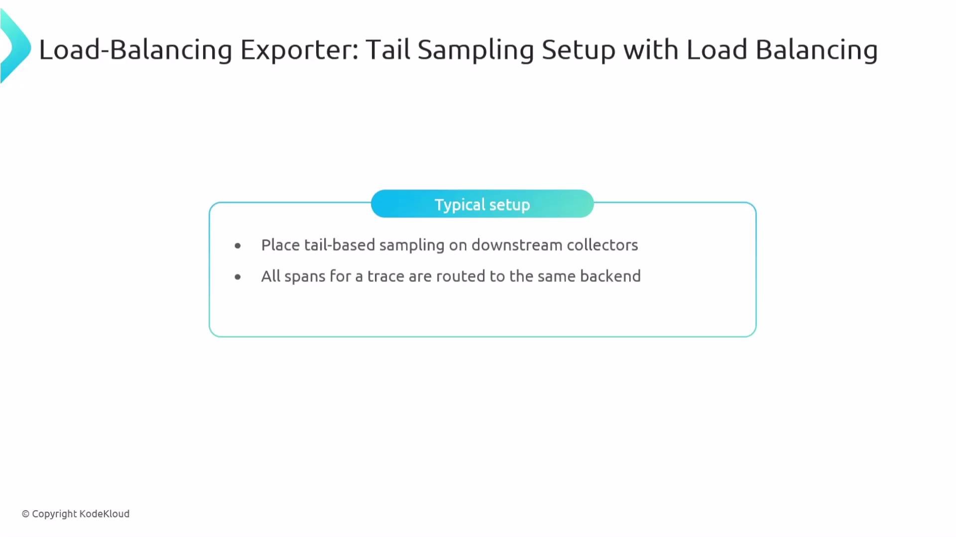 The image is a slide titled "Load-Balancing Exporter: Tail Sampling Setup with Load Balancing," showing a typical setup involving tail-based sampling on downstream collectors and routing all spans for a trace to the same backend.