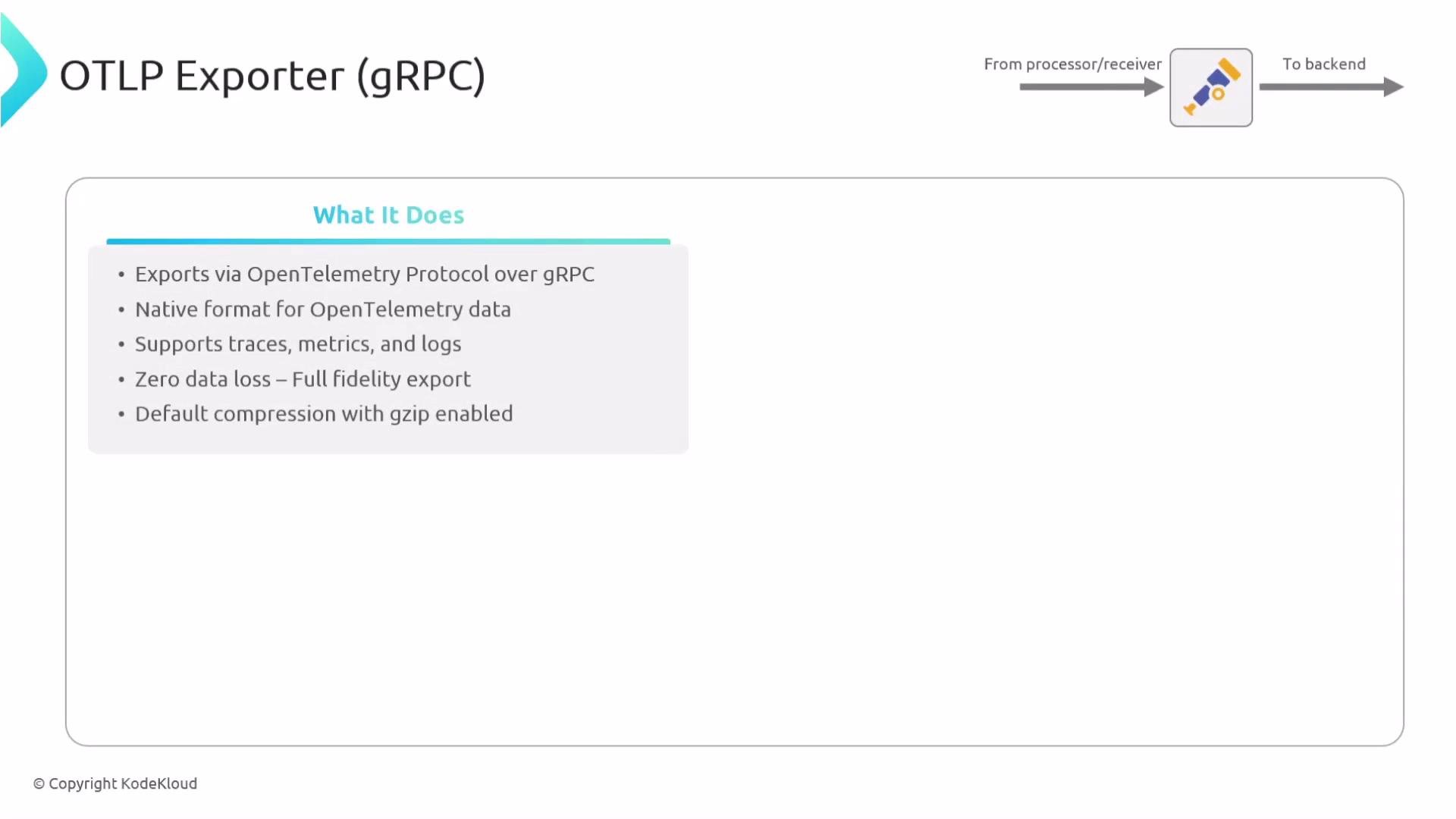 The image describes the OTLP Exporter (gRPC) and its functionalities, including exporting via OpenTelemetry Protocol, supporting traces, metrics, logs, ensuring zero data loss with full fidelity export, and using gzip compression.
