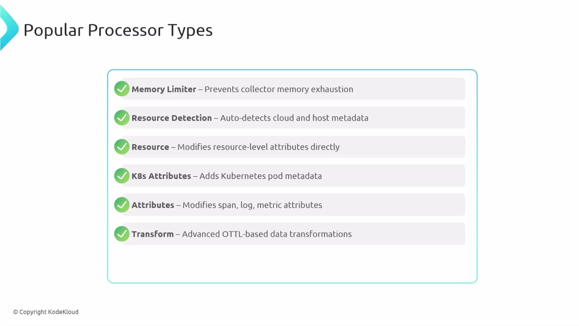 The image lists popular processor types with descriptions, including Memory Limiter, Resource Detection, Resource, K8s Attributes, Attributes, and Transform.