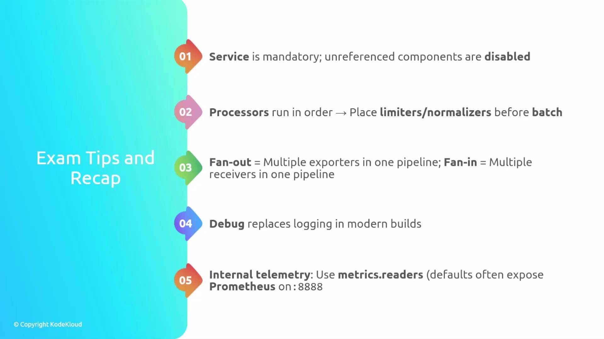 The image contains a list of five exam tips and a recap with colorful numbered icons. The tips cover topics like service, processors, fan-out, debugging, and internal telemetry.
