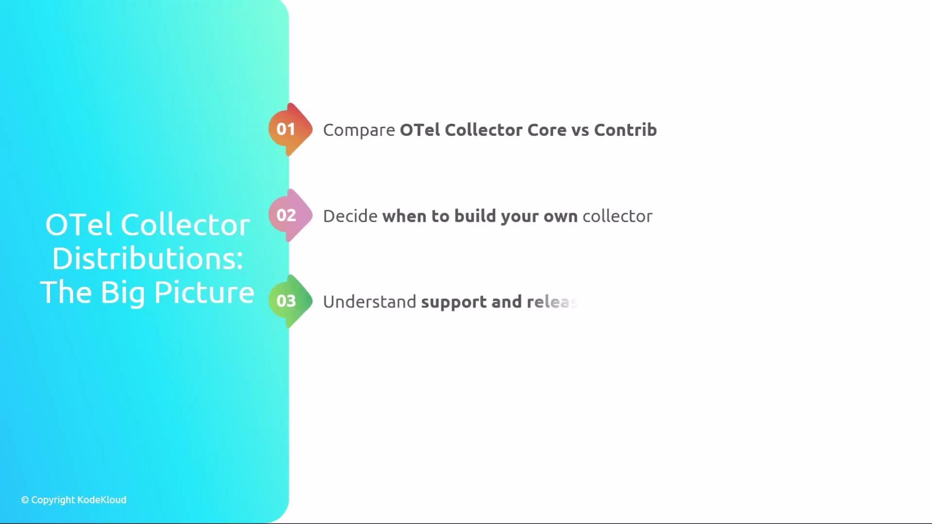 The image outlines the key aspects of "OTel Collector Distributions: The Big Picture," including comparing OTel Collector Core vs Contrib, deciding when to build a custom collector, and understanding support and release.
