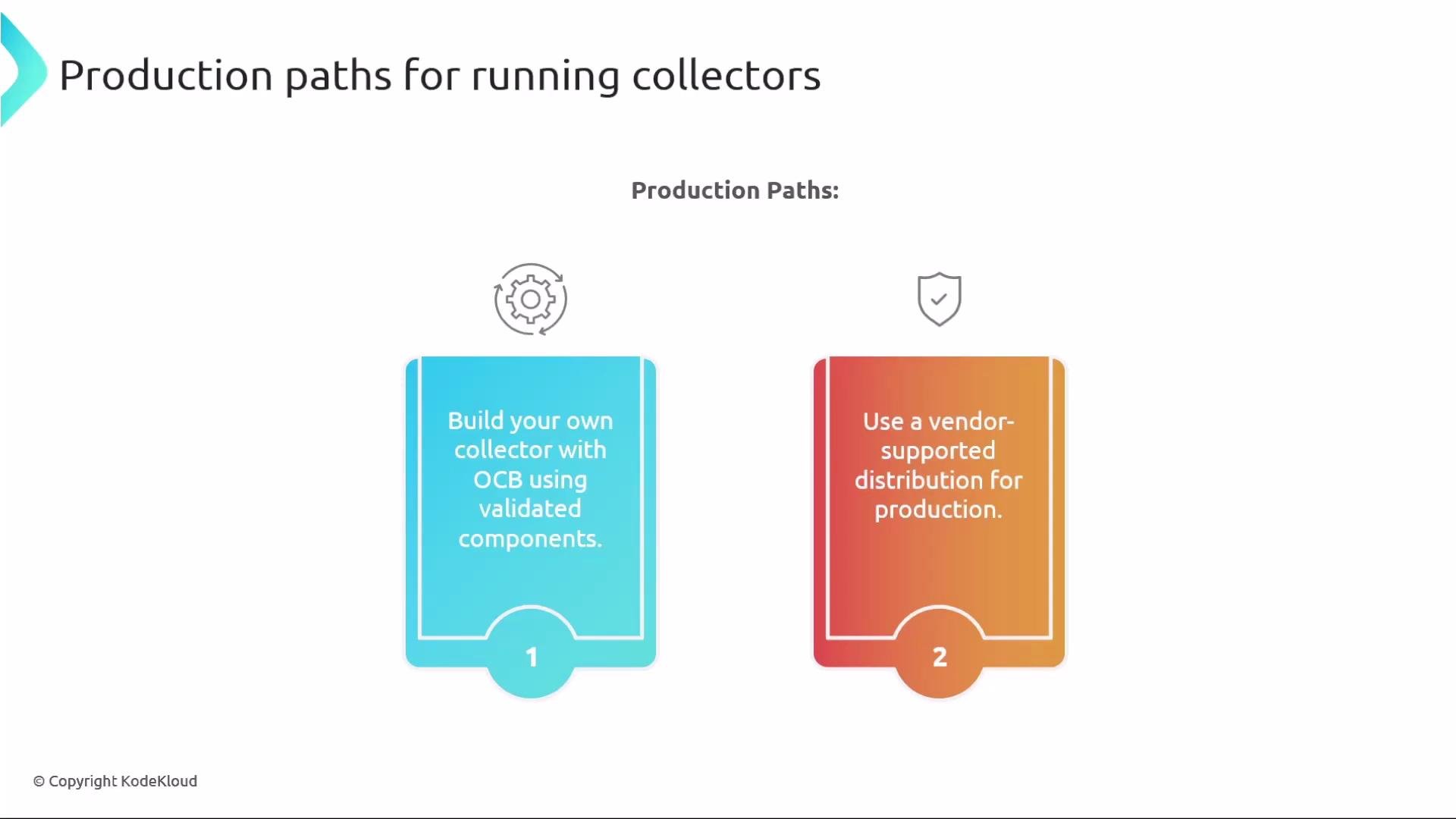 The image outlines two production paths for running collectors: building your own collector with OCB using validated components, or using a vendor-supported distribution for production.