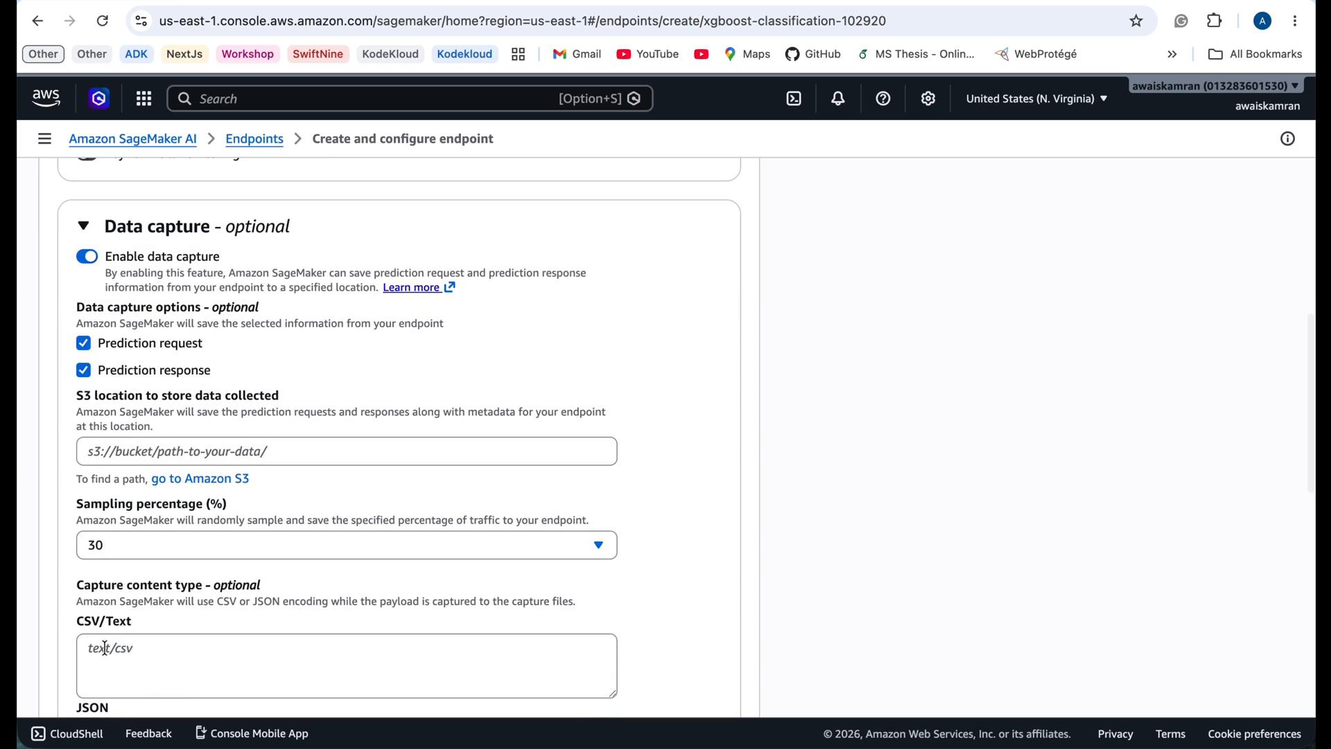 A screenshot of the Amazon SageMaker console’s "Create and configure endpoint" page showing the "Data capture - optional" panel. It displays options to enable data capture, toggle saving prediction requests/responses, specify an S3 location, and set a sampling percentage.