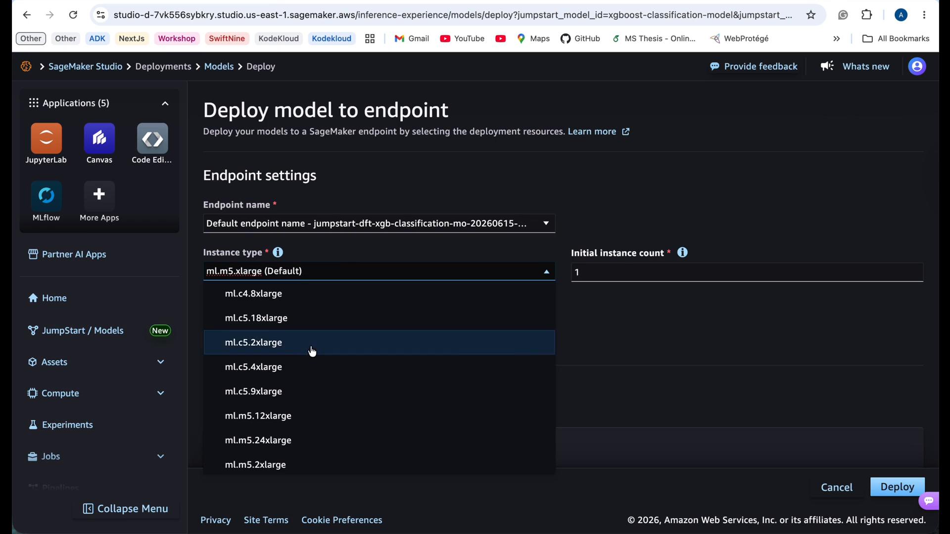 Screenshot of the AWS SageMaker Studio "Deploy model to endpoint" page, showing Endpoint settings with an instance type dropdown (ml.m5.xlarge, ml.c5.2xlarge, etc.) and Initial instance count set to 1. The left sidebar shows apps like JupyterLab, Canvas and MLflow.