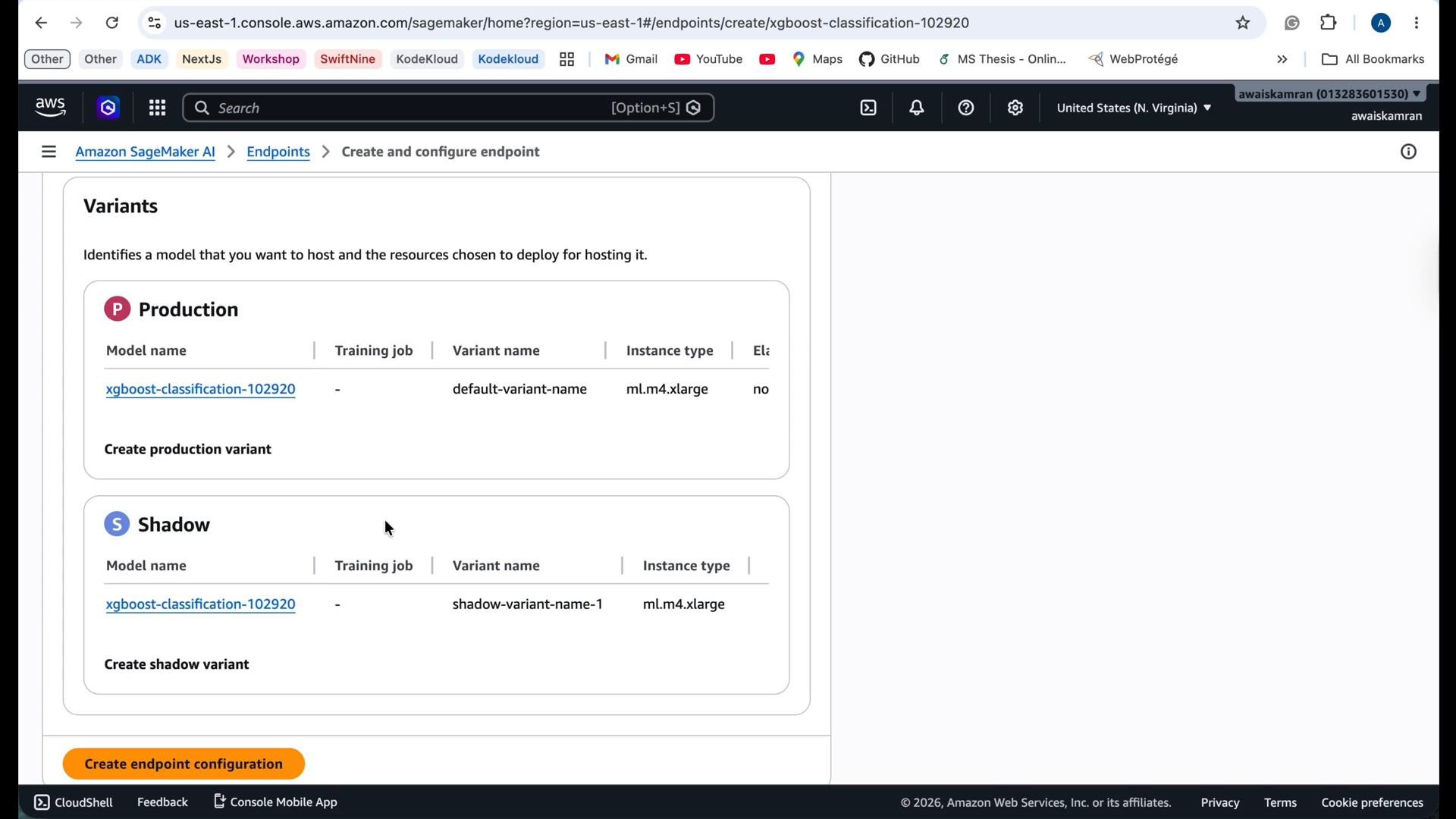 A screenshot of the Amazon SageMaker "Create and configure endpoint" page showing the "Variants" section. It lists a Production and Shadow variant for the model "xgboost-classification-102920" with instance type ml.m4.xlarge.