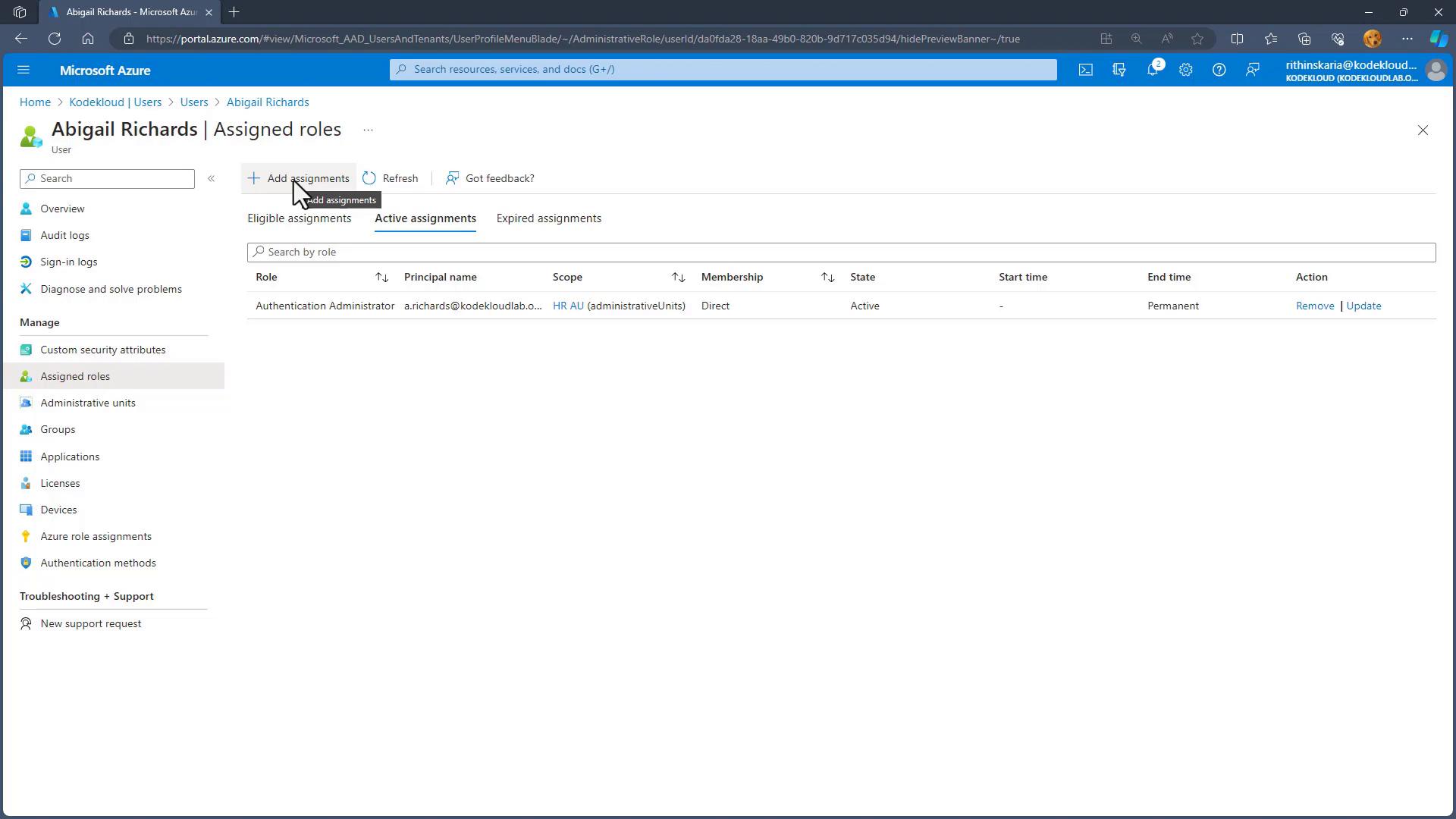 A Microsoft Azure portal screenshot showing a user's Assigned roles page with an active "Authentication Administrator" role listed and an "Add assignments" button. The left-hand navigation shows options like Overview, Audit logs, and Assigned roles.