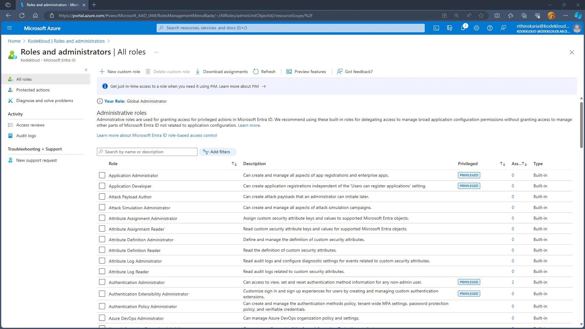 A screenshot of the Microsoft Azure portal showing the "Roles and administrators | All roles" page, listing built-in administrative roles with their descriptions, privilege labels, and assignment counts. The left menu shows related options like Access reviews, Audit logs, and Support.