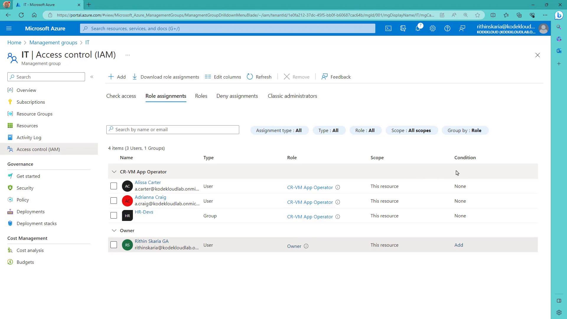 A screenshot of the Microsoft Azure portal open to the "IT | Access control (IAM)" Role assignments tab. It shows a list of users and groups with assigned roles (for example CR-VM App Operator and Owner) and filter controls for assignment type, role, and scope.