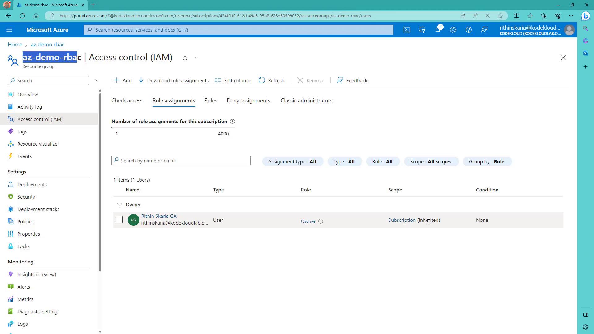 A screenshot of the Microsoft Azure portal showing the Access control (IAM) page for the "az-demo-rbac" resource group with the Role assignments tab open. The list shows one user assigned the Owner role at the subscription scope.