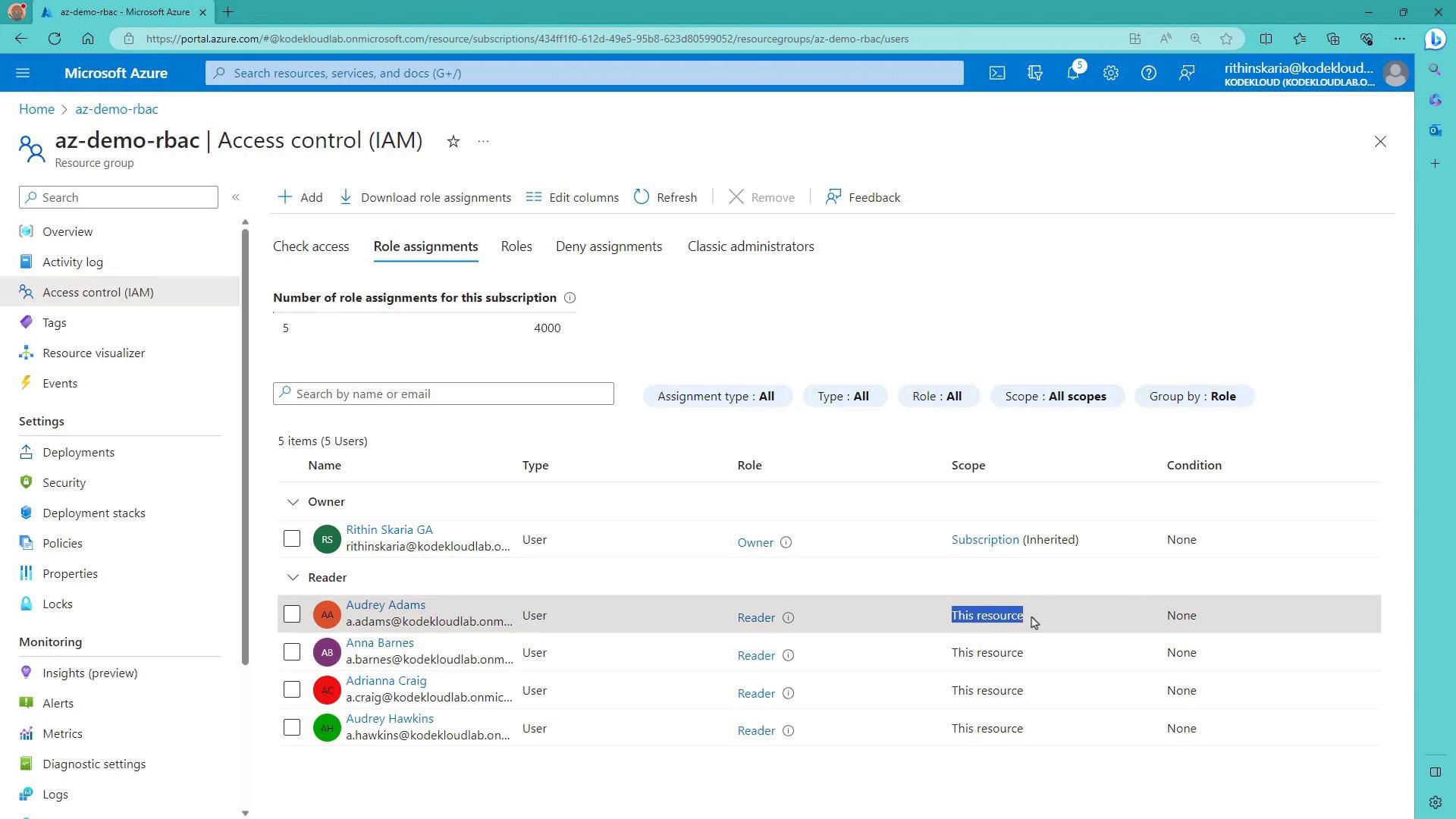 A screenshot of the Microsoft Azure portal showing the Access control (IAM) page for a resource group with role assignments. It lists users and their assigned roles (e.g., Owner, Reader) along with scope and filter options.