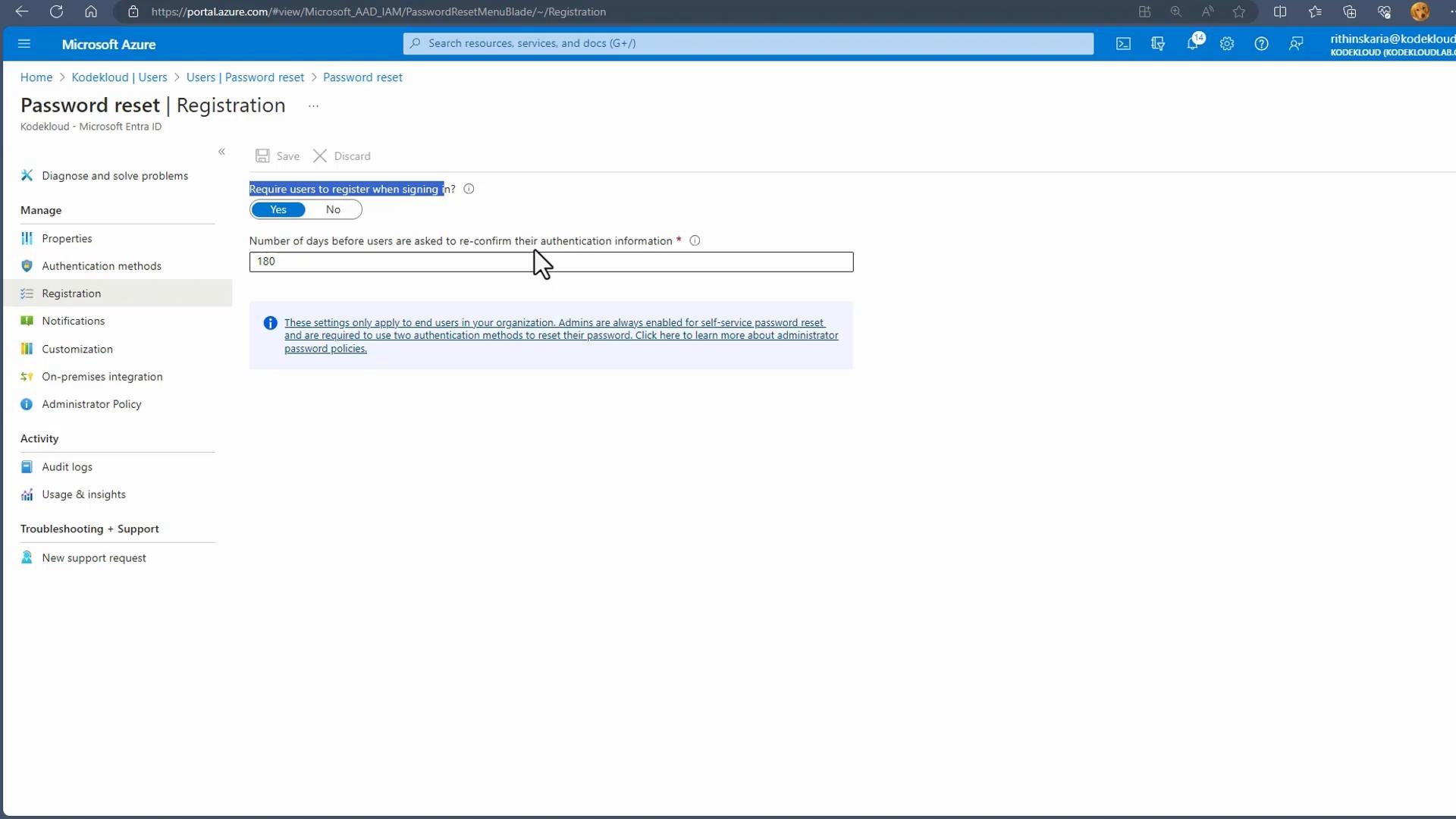 A screenshot of the Microsoft Azure portal showing the "Password reset | Registration" settings, including a toggle for requiring users to register when signing in and a field set to 180 days for re-confirming authentication information. The left pane shows related options like Properties, Authentication methods, Notifications, and Administrator Policy.