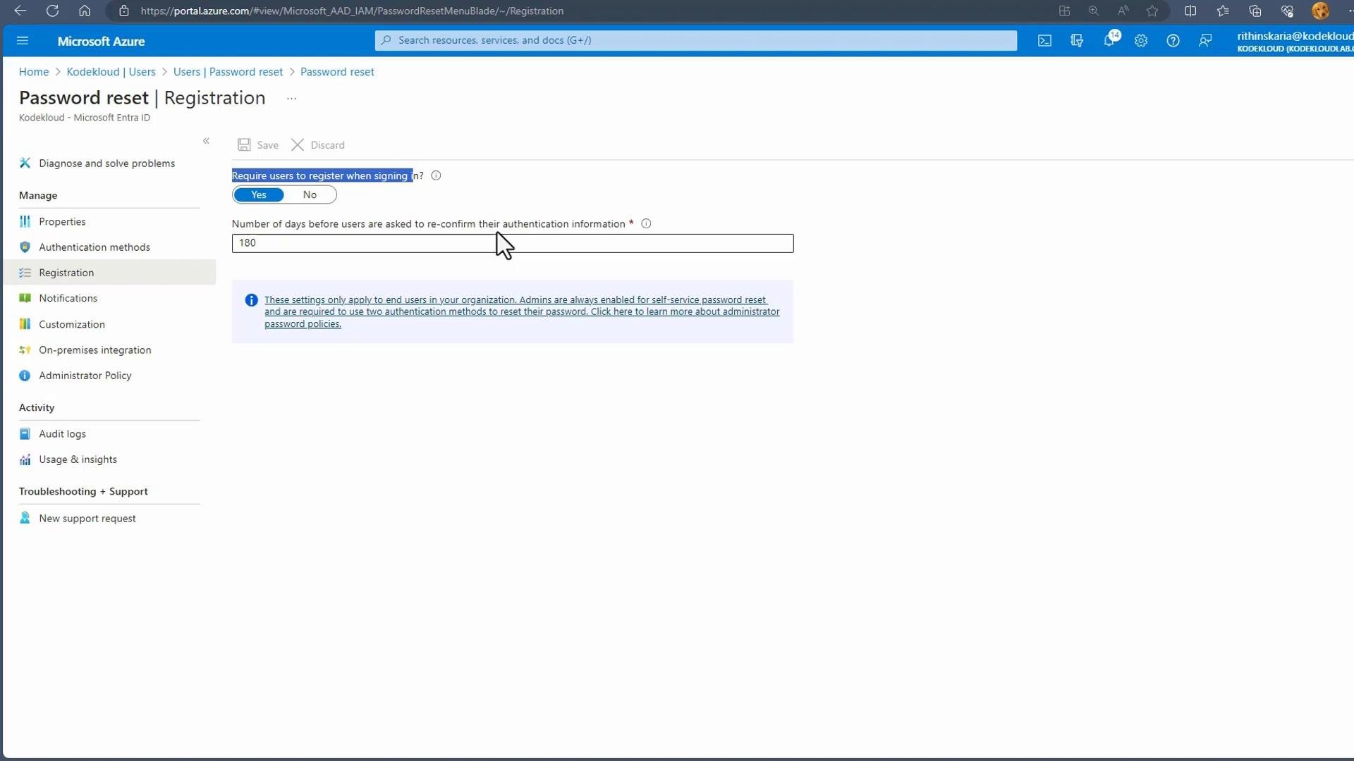 A screenshot of the Microsoft Azure portal showing the "Password reset | Registration" settings, including a toggle for requiring users to register when signing in and a field set to 180 days for re-confirming authentication information. The left pane shows related options like Properties, Authentication methods, Notifications, and Administrator Policy.