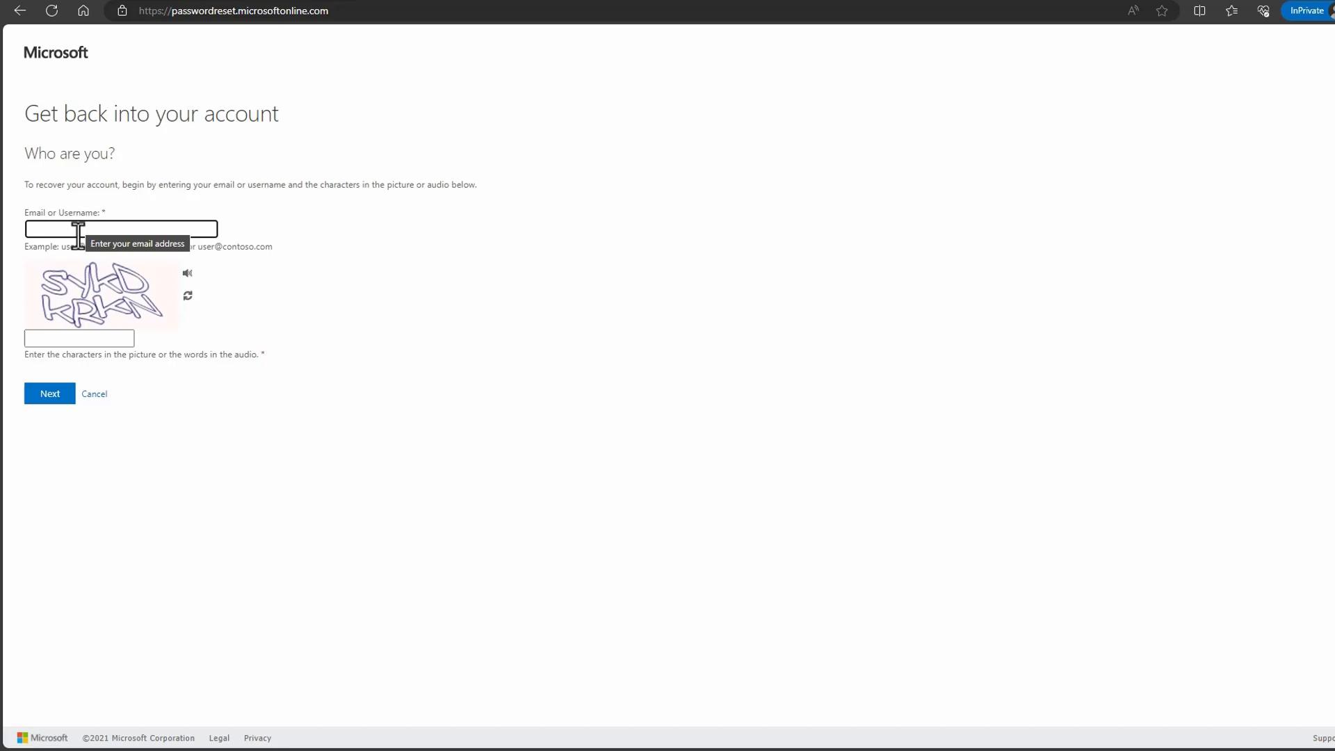 A Microsoft account recovery/password reset webpage asking for your email or username and to enter the characters from a CAPTCHA. The screen shows a distorted captcha image, input fields, and "Next" and "Cancel" buttons.