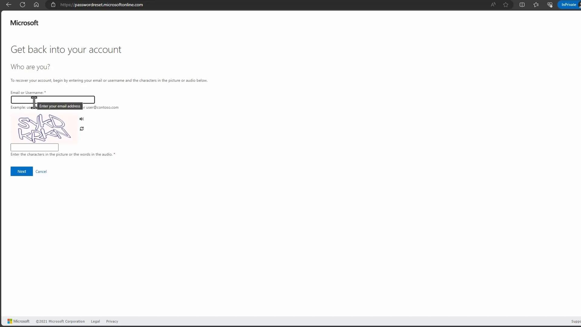 A Microsoft account recovery/password reset webpage asking for your email or username and to enter the characters from a CAPTCHA. The screen shows a distorted captcha image, input fields, and "Next" and "Cancel" buttons.