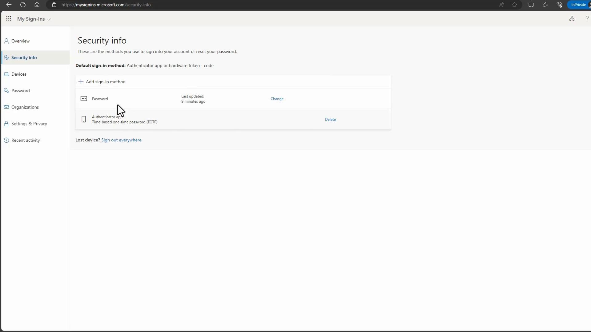A screenshot of the Microsoft "My Sign‑Ins" Security info page showing default sign‑in methods. It lists Password and an Authenticator app (TOTP) with options to change or delete, plus a sidebar menu.