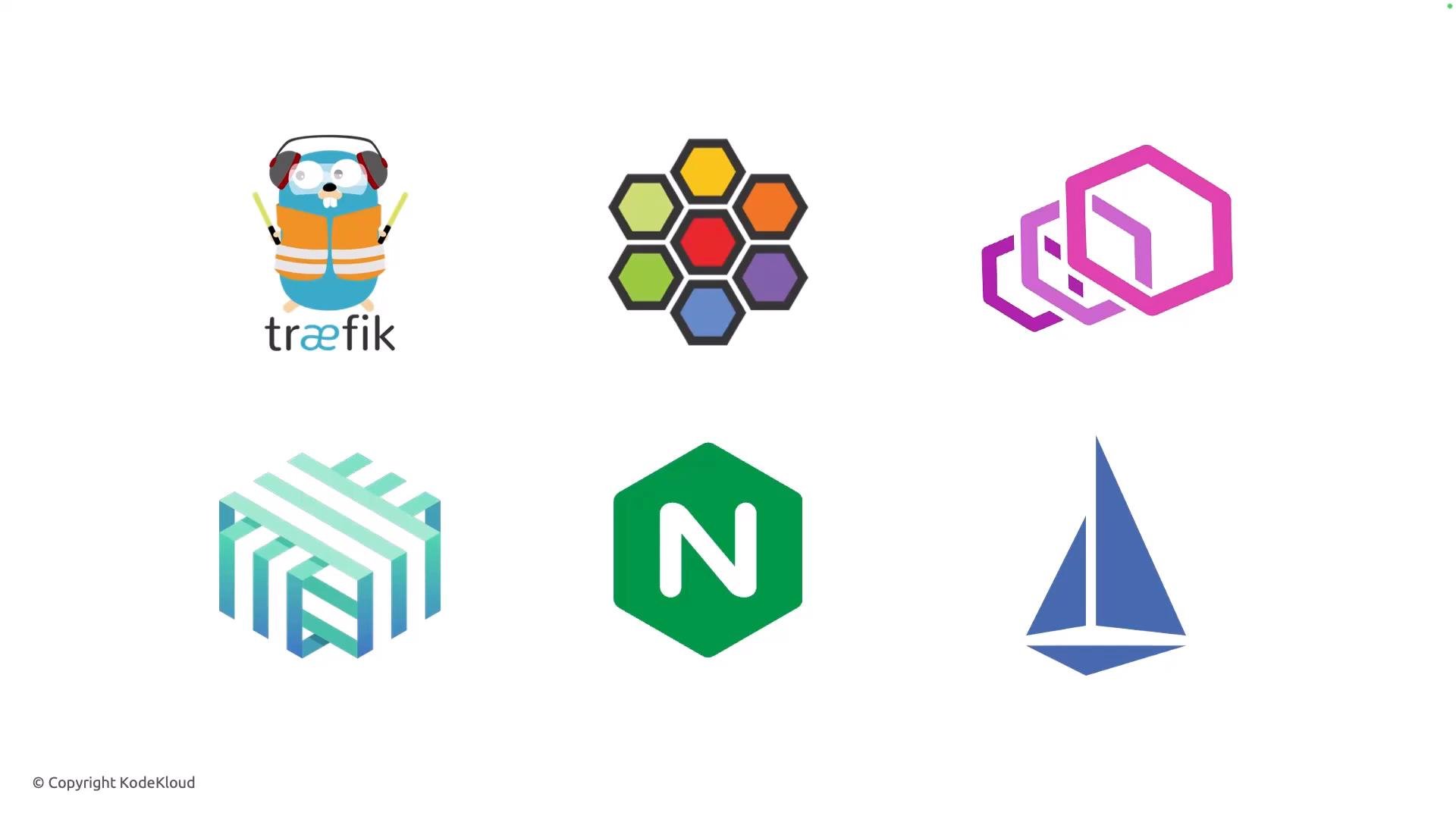 A 3x2 grid of cloud-native / DevOps logos on a white background, including Traefik’s mascot at top left and the green NGINX hexagon in the bottom center. The other icons are colorful hexagonal and geometric service symbols.