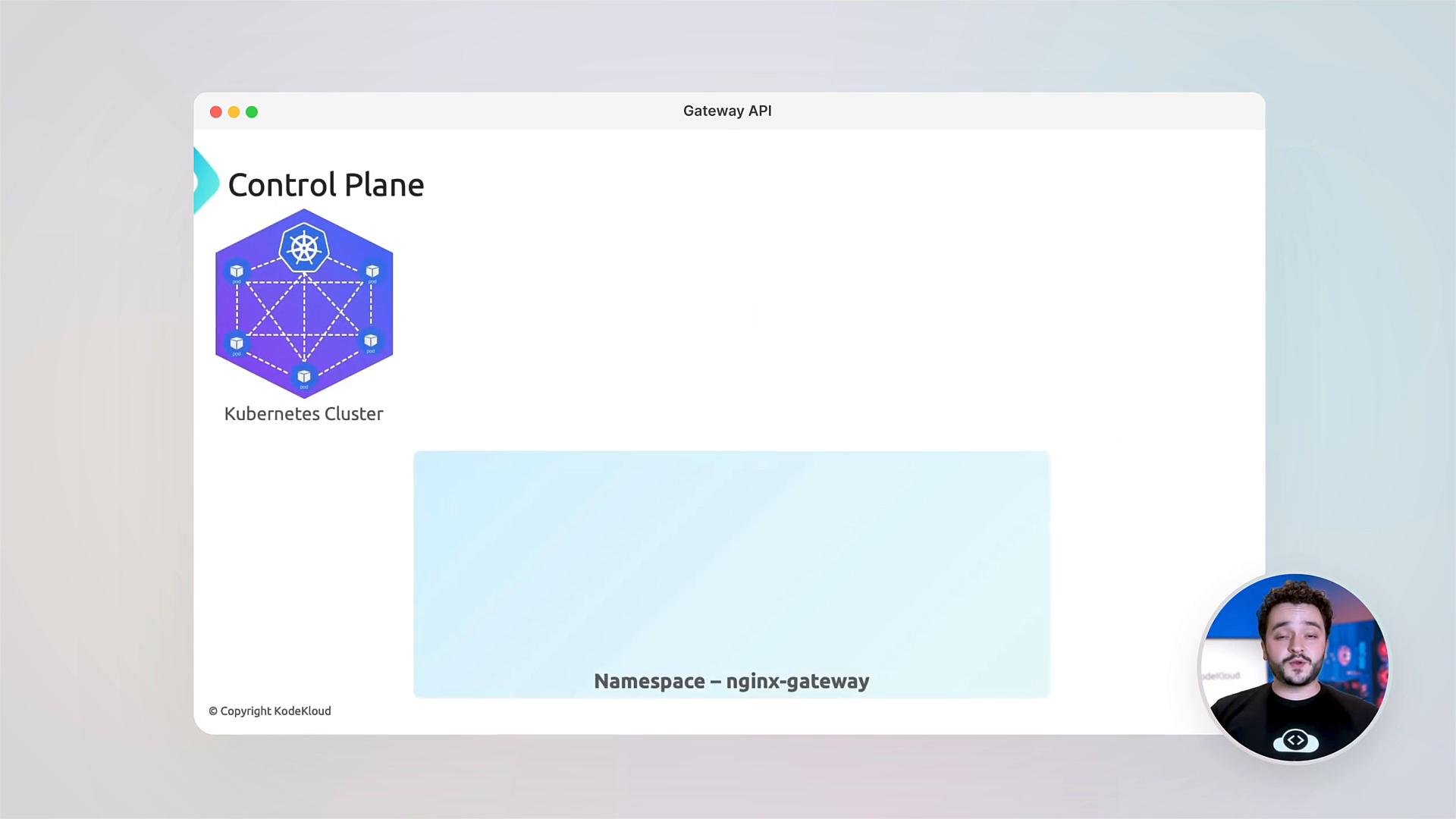 A slide-like screenshot titled "Gateway API" showing a "Control Plane" header with a Kubernetes cluster diagram and a light-blue box labeled "Namespace – nginx-gateway." In the bottom-right is a small circular video thumbnail of a person speaking.