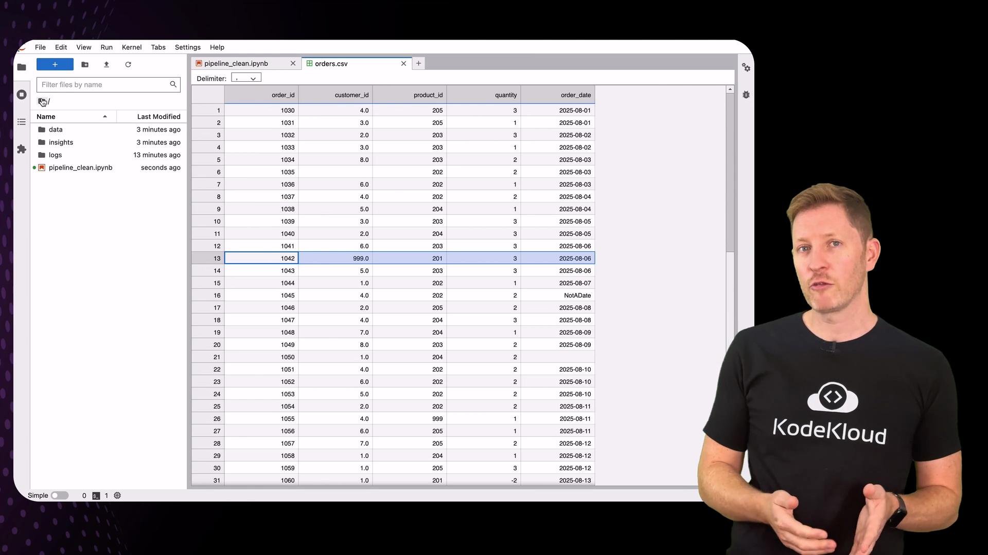 The image shows a person standing in front of a virtual background displaying a spreadsheet with order details, including columns for order ID, customer ID, product ID, quantity, and order date.