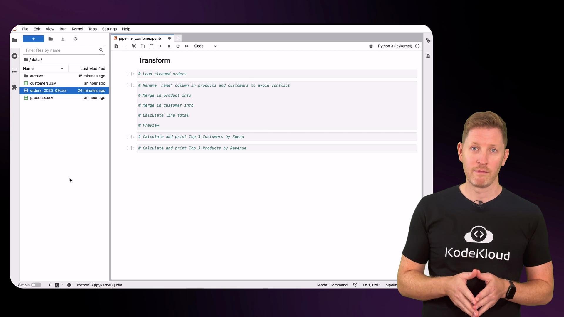 The image shows a man standing in front of a computer screen displaying a Jupyter Notebook interface with a list of CSV files and a script for data transformation tasks.