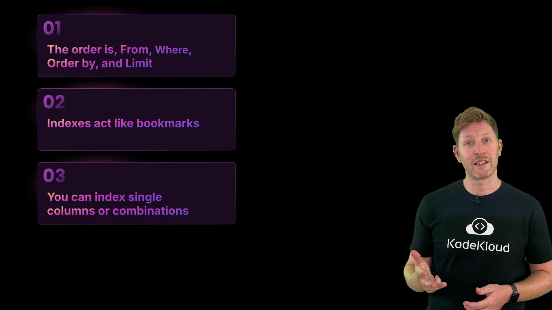 The image shows a person on the right side and three text boxes on the left side with information about SQL order and indexing. The person appears to be explaining or presenting the content.