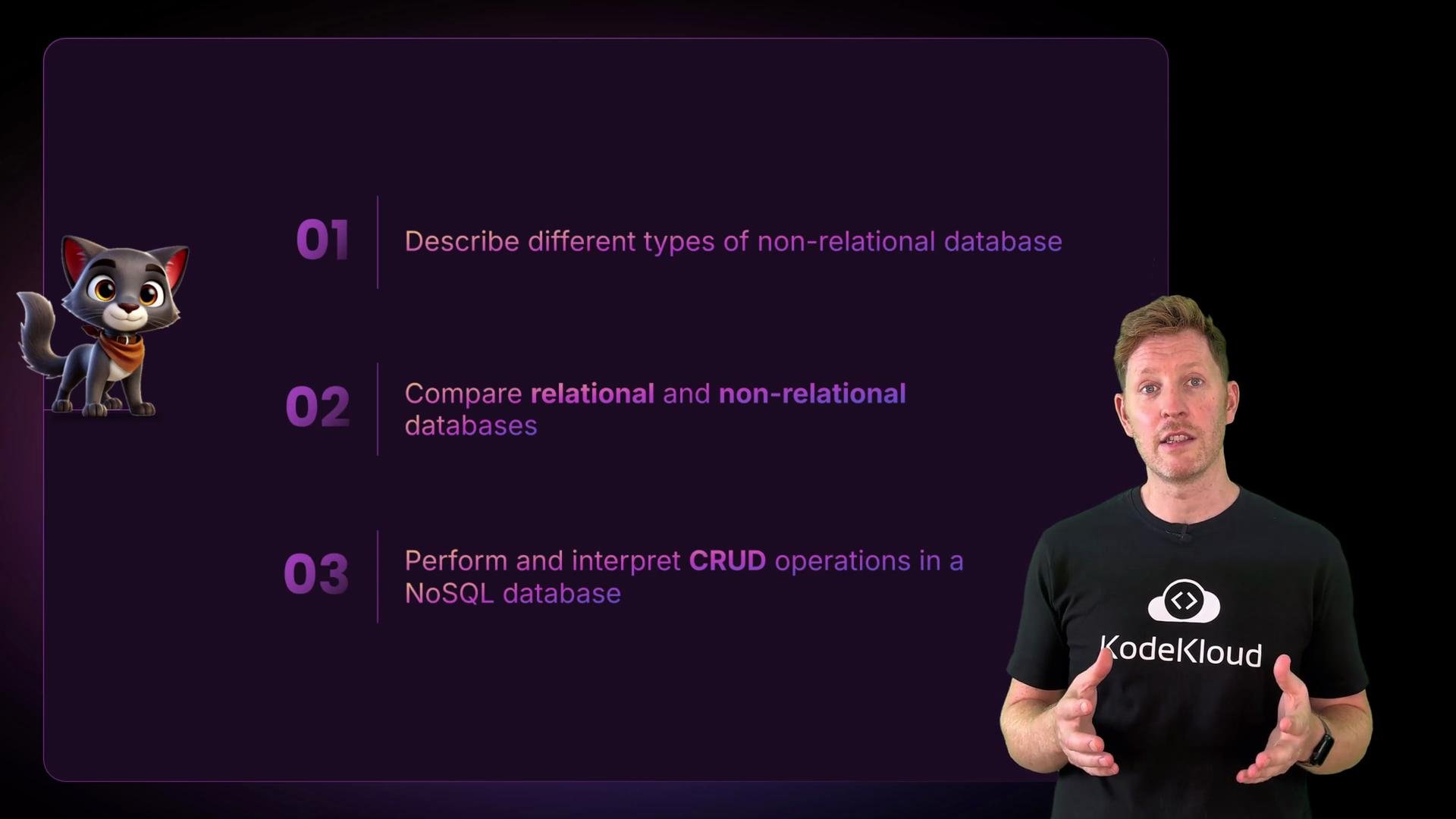 The image shows a person standing next to a list outlining three tasks related to databases, with a cartoon cat on the side. The tasks include describing non-relational databases, comparing relational and non-relational databases, and performing CRUD operations in a NoSQL database.
