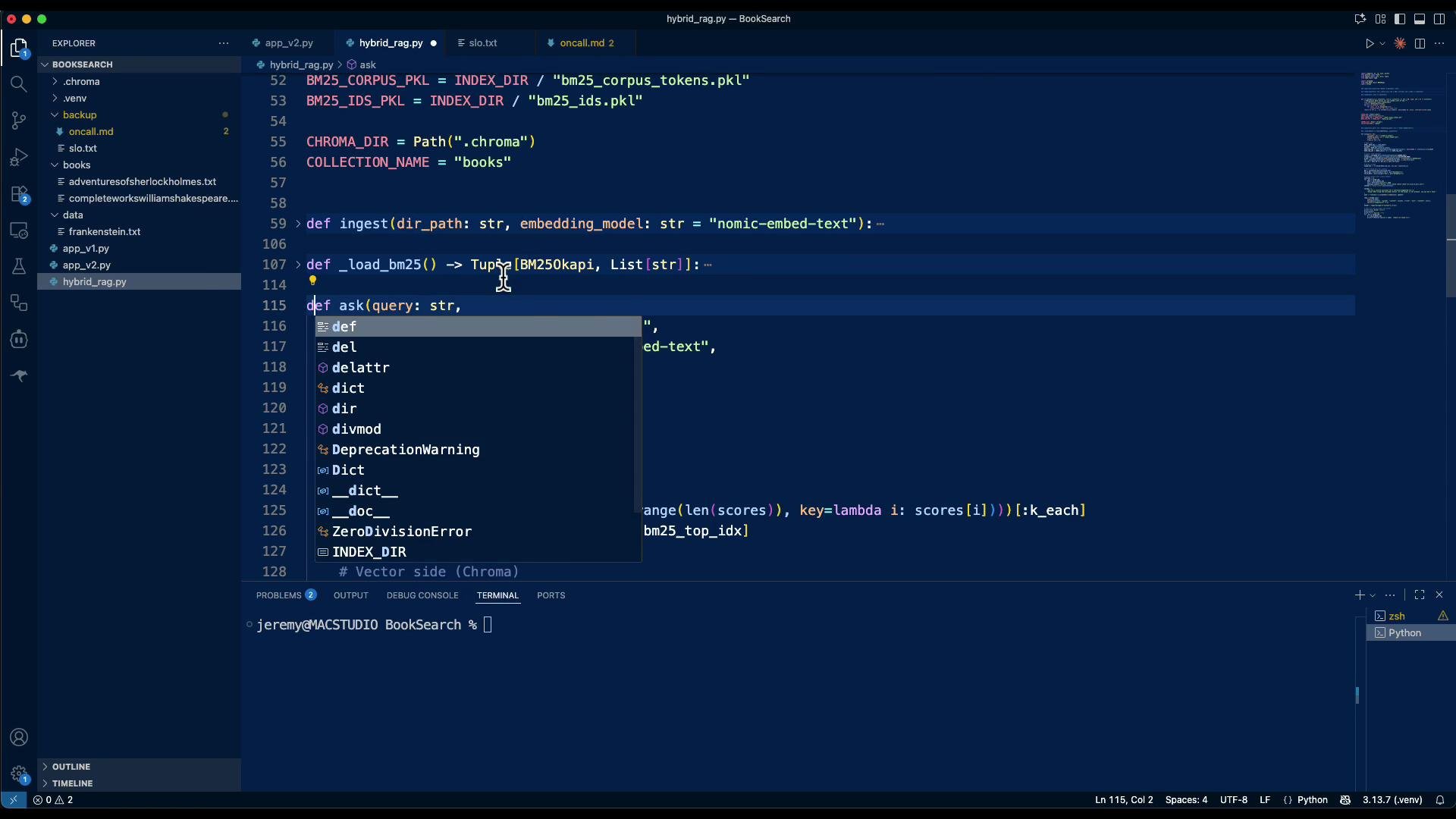 The image shows a Visual Studio Code interface with Python code. It includes a function definition and an autocomplete suggestion box.