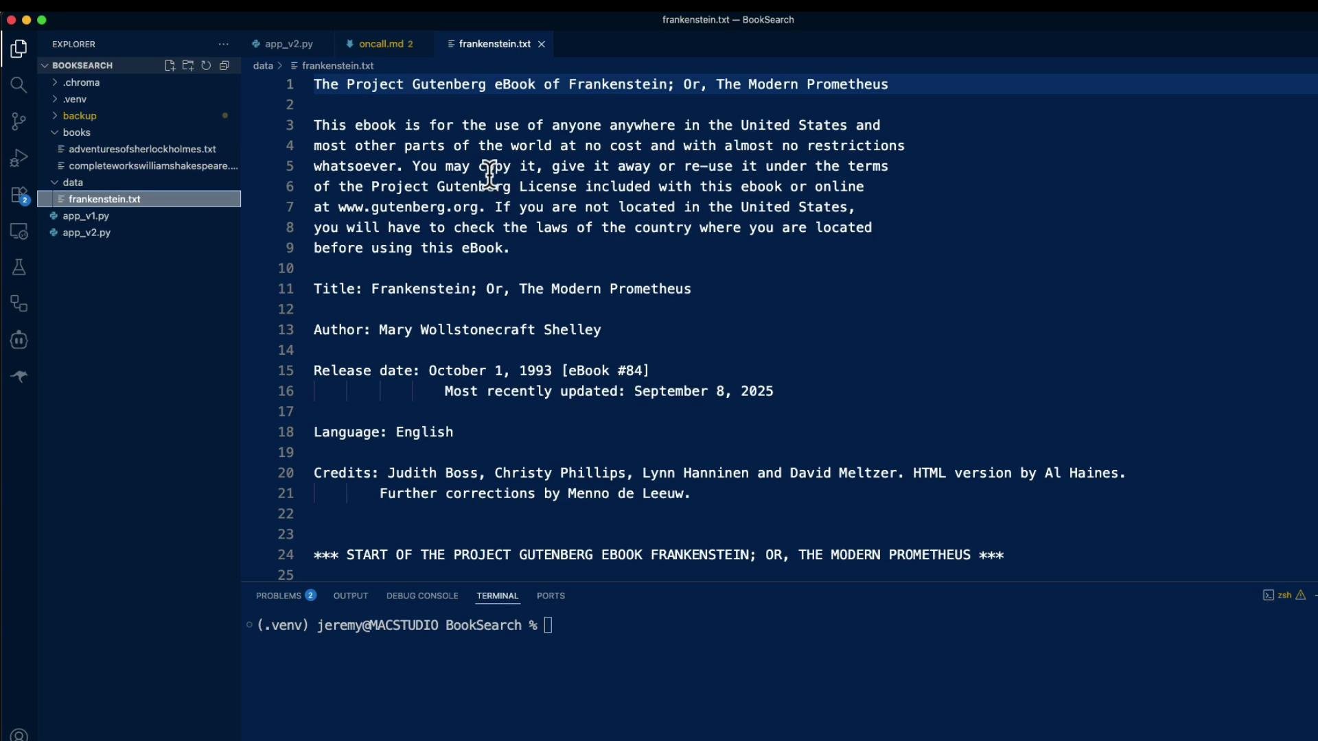 The image shows a Visual Studio Code window displaying the text from the Project Gutenberg eBook of "Frankenstein; Or, The Modern Prometheus" by Mary Wollstonecraft Shelley. It includes information about the eBook's usage rights, author, release date, and language.