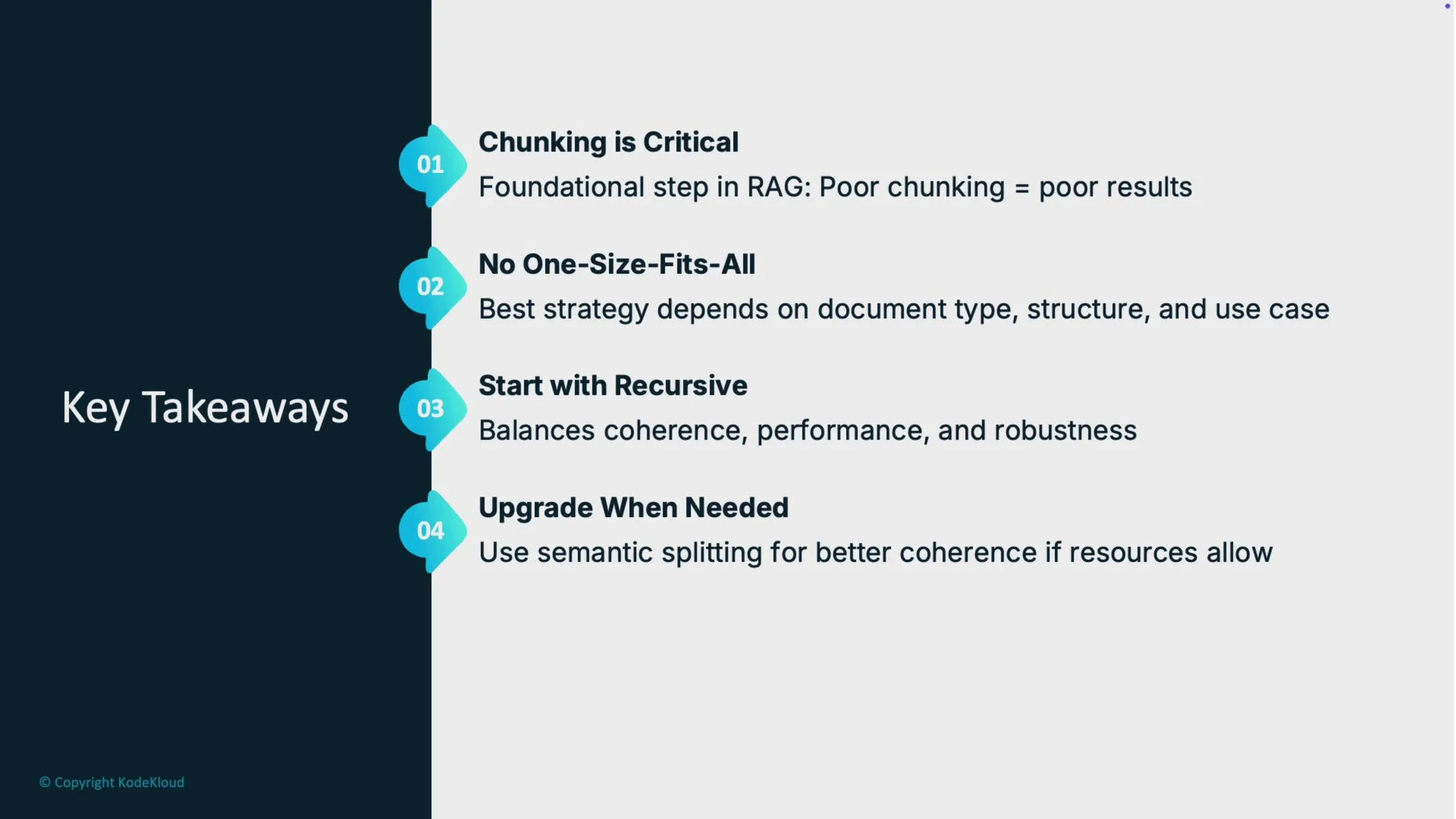 The image outlines key takeaways about document processing strategies, emphasizing the importance of chunking, using tailored strategies, starting with recursive methods, and upgrading to semantic splitting when possible.