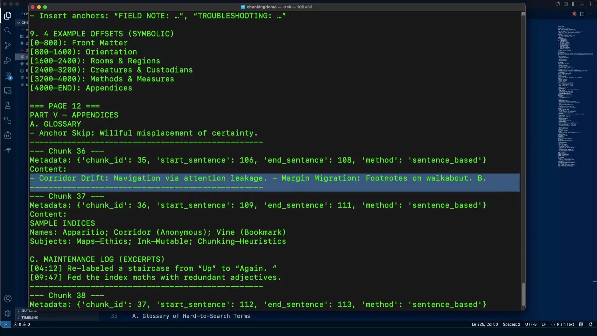 The image shows a code editing interface with text related to symbolic example offsets and metadata for chunks of content. It includes labels like "Corridor Drift" and "Maintenance Log," with various sections highlighted or outlined.