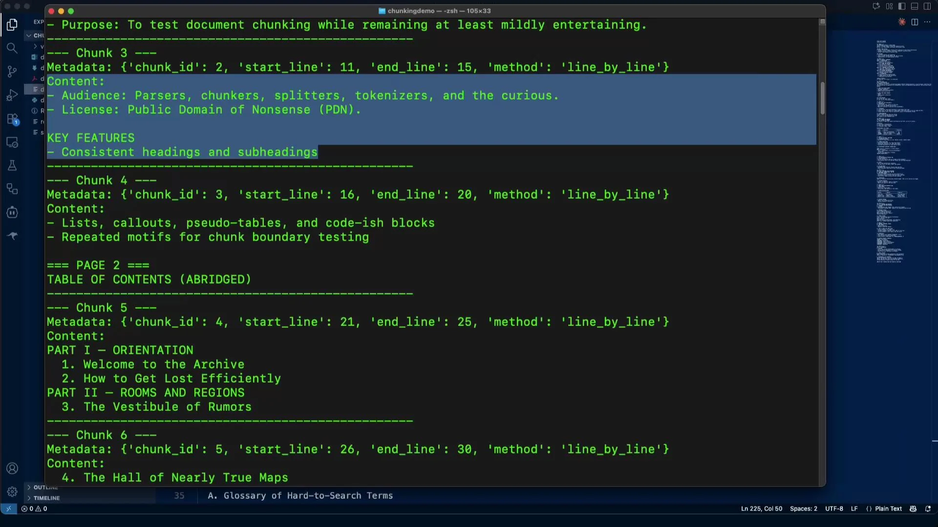 The image shows a code editor with a document related to testing document chunking, displaying metadata and content descriptions for different chunks. The text includes headings and subheadings, as well as a table of contents.