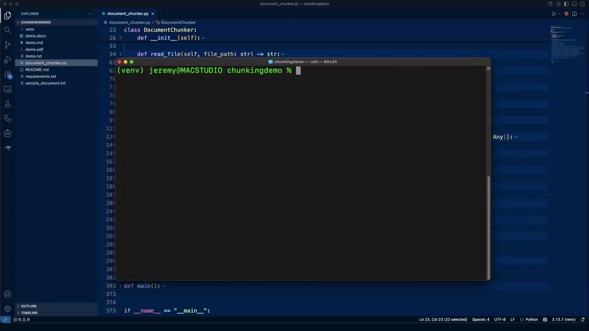 The image shows a Visual Studio Code interface with a file explorer on the left and a Python file named "document_chunker.py" open for editing. A terminal window is open at the bottom with a command prompt in a virtual environment.