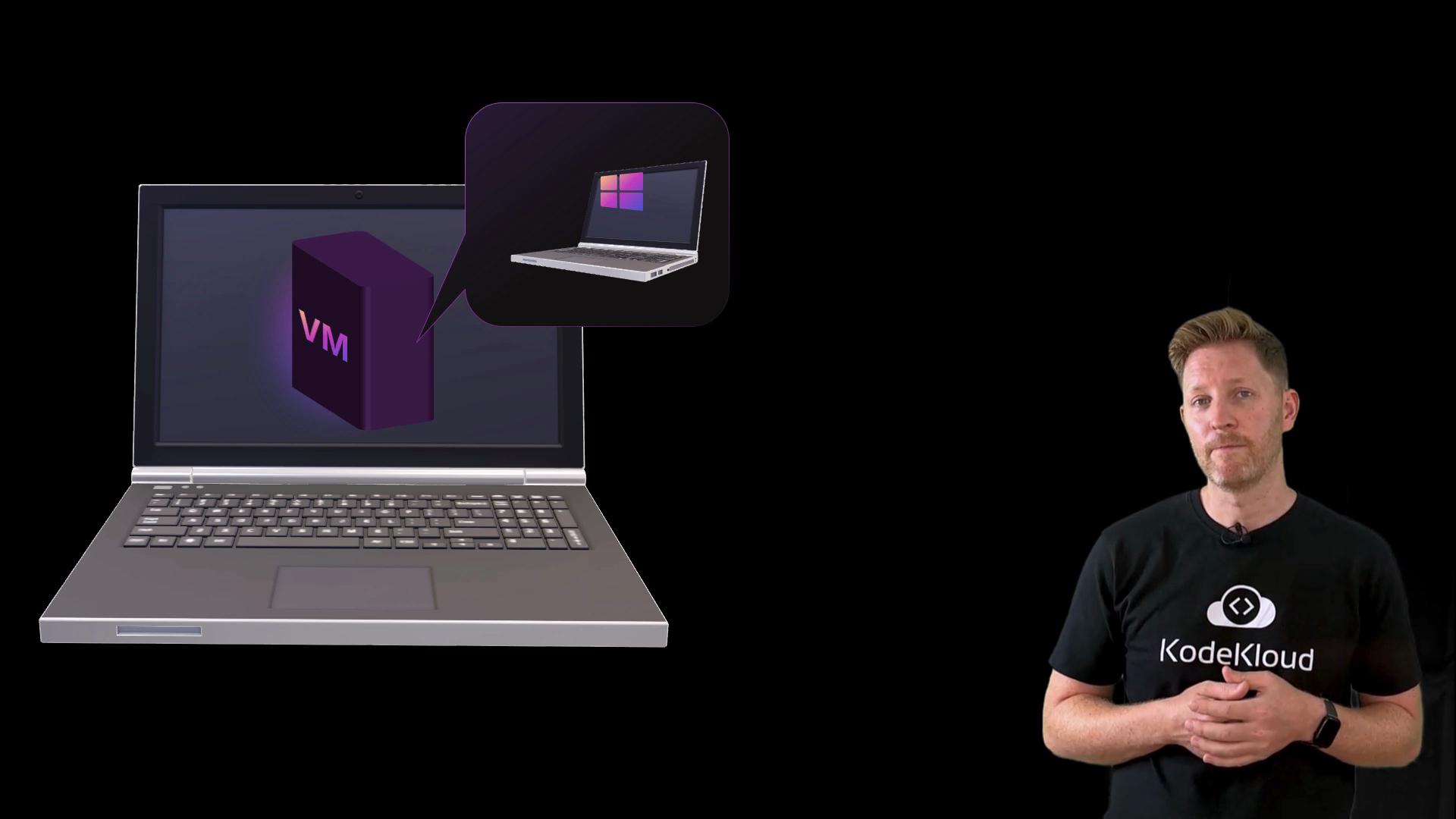 The image shows a person in a "KodeKloud" shirt beside a laptop with a "VM" icon and an inset graphic of another laptop screen.