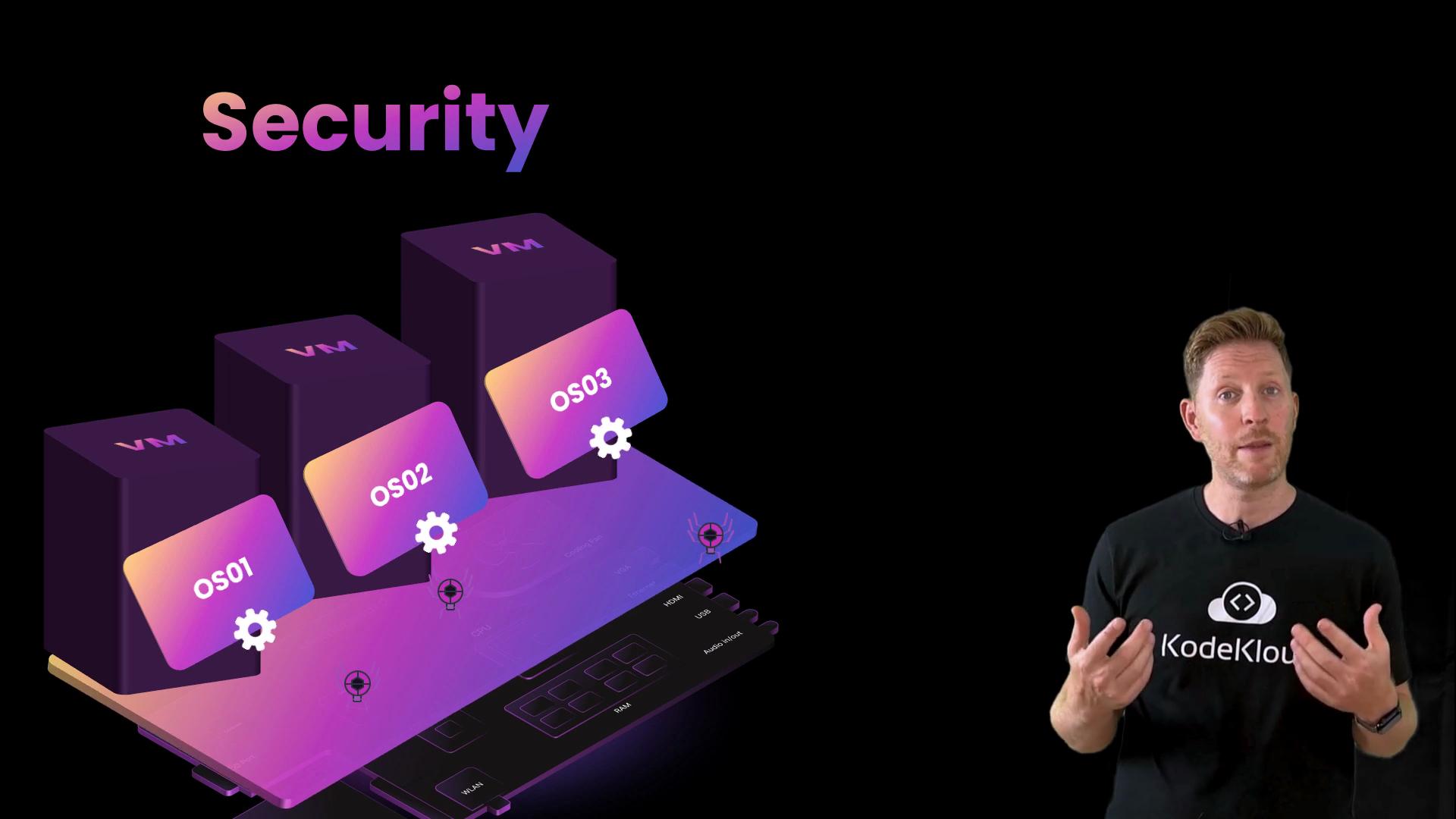 The image features a person in a "KodeKloud" shirt discussing security with a graphic depicting virtual machines (VMs) labeled OS01, OS02, and OS03 on a circuit-like platform.