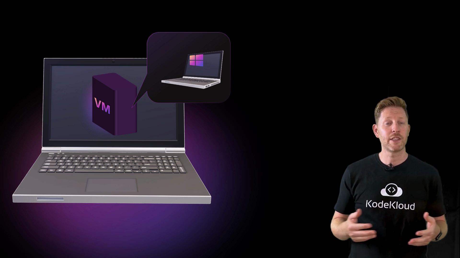 The image shows a person speaking alongside a visual of a laptop displaying a virtual machine (VM) icon, with an inset suggesting Windows is running on it.