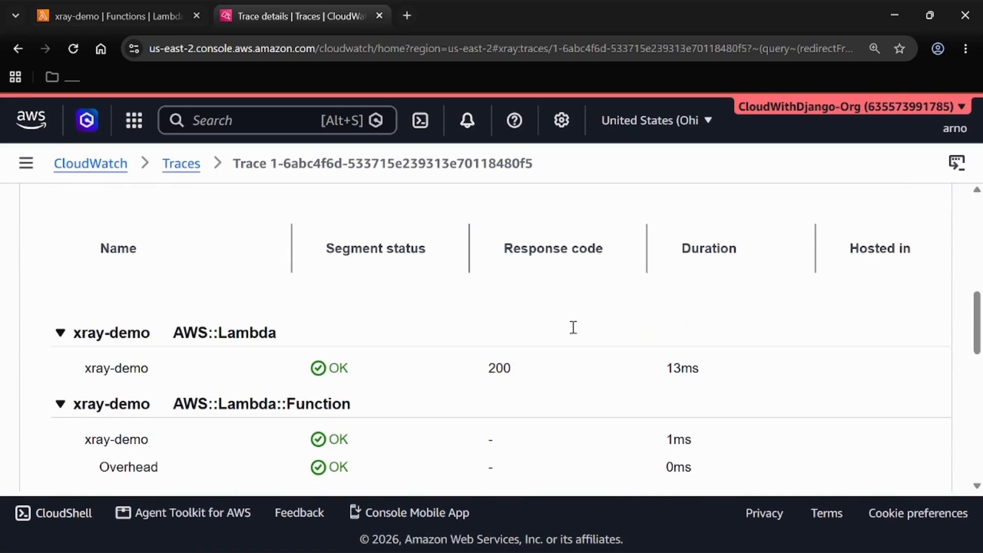 A screenshot of the AWS CloudWatch X-Ray trace details page showing "xray-demo" Lambda traces. It shows segment status (OK), response codes (200) and durations (e.g., 13ms, 1ms) for the listed segments.