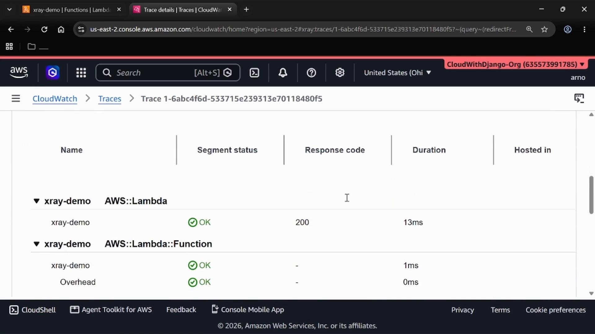 A screenshot of the AWS CloudWatch X-Ray trace details page showing "xray-demo" Lambda traces. It shows segment status (OK), response codes (200) and durations (e.g., 13ms, 1ms) for the listed segments.