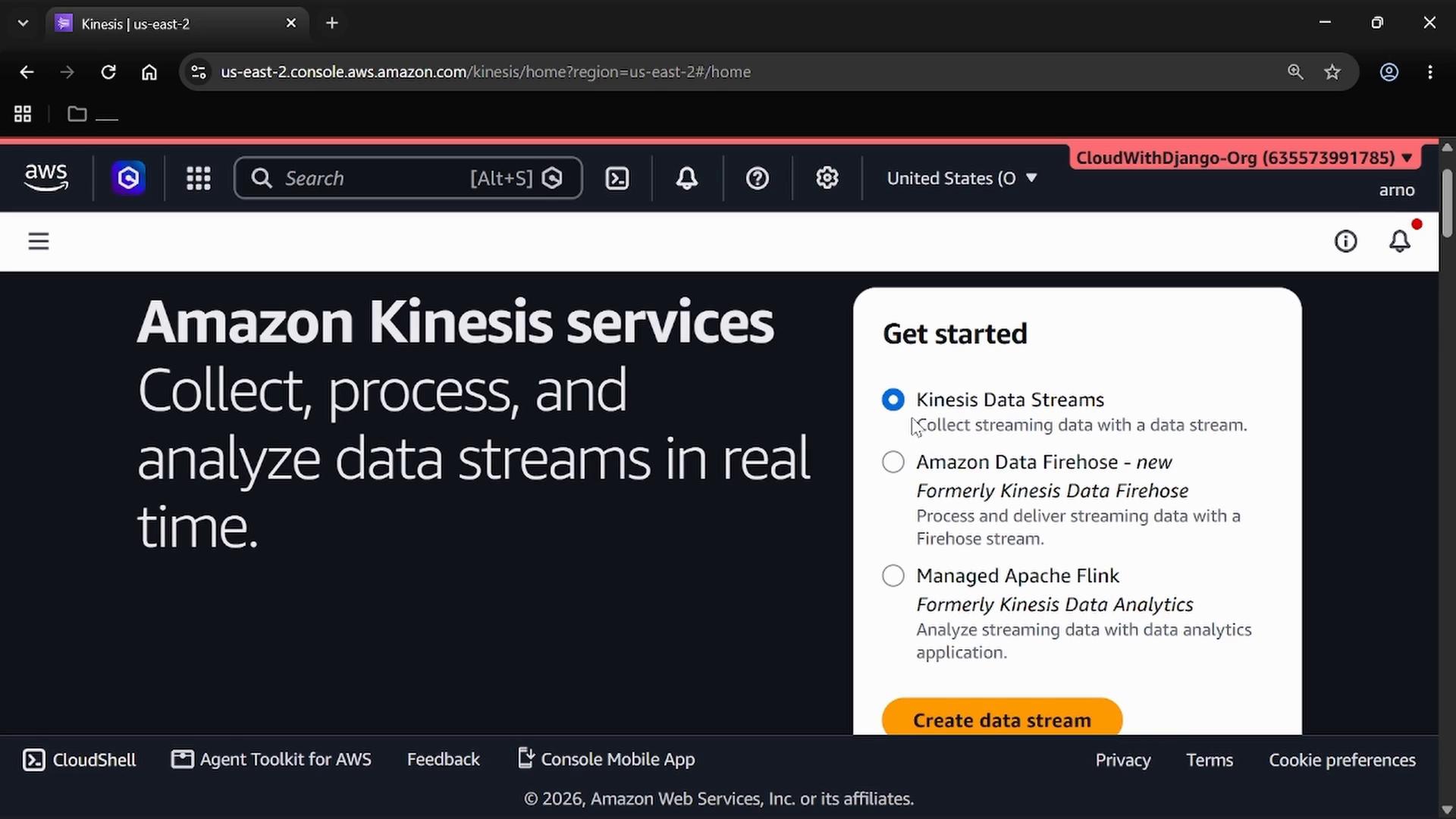 A screenshot of the Amazon Web Services Kinesis console showing the "Amazon Kinesis services" header and the tagline about collecting, processing, and analyzing data streams. To the right is a "Get started" panel listing options like Kinesis Data Streams, Amazon Data Firehose, and Managed Apache Flink.