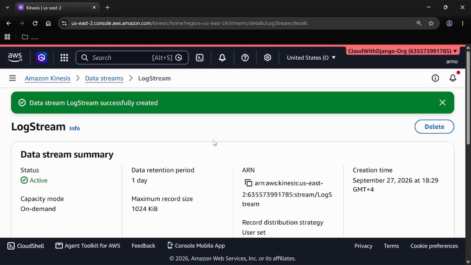 A screenshot of the AWS Management Console showing an Amazon Kinesis data stream named "LogStream" with a green banner indicating the stream was successfully created. The page displays a data stream summary (status Active, 1-day retention and other configuration details).