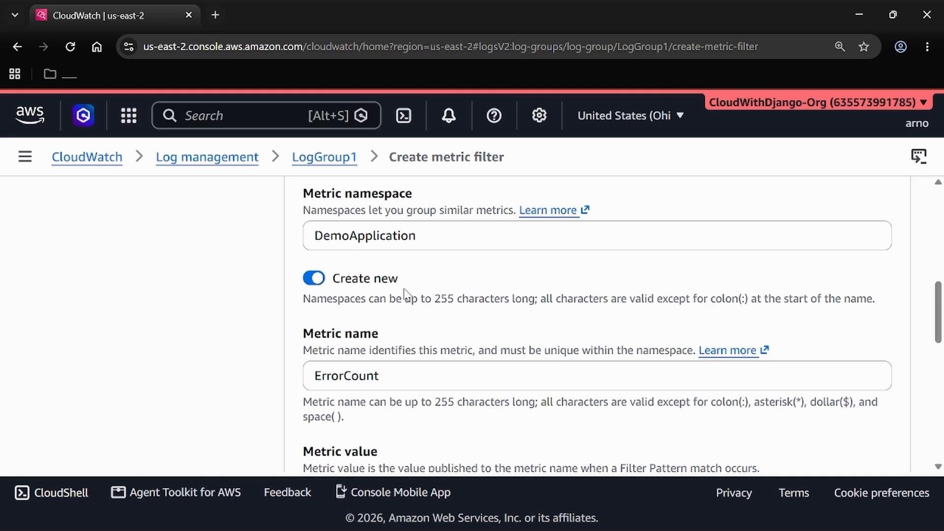 Screenshot of the AWS CloudWatch console on the "Create metric filter" page. It shows a Metric namespace set to "DemoApplication" and a Metric name "ErrorCount" with the "Create new" toggle enabled.