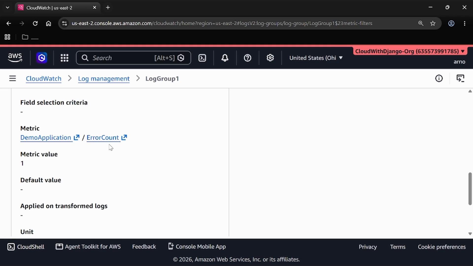 A screenshot of the AWS CloudWatch console showing the LogGroup1 metric settings. It displays a metric named "DemoApplication / ErrorCount" with a metric value of 1.
