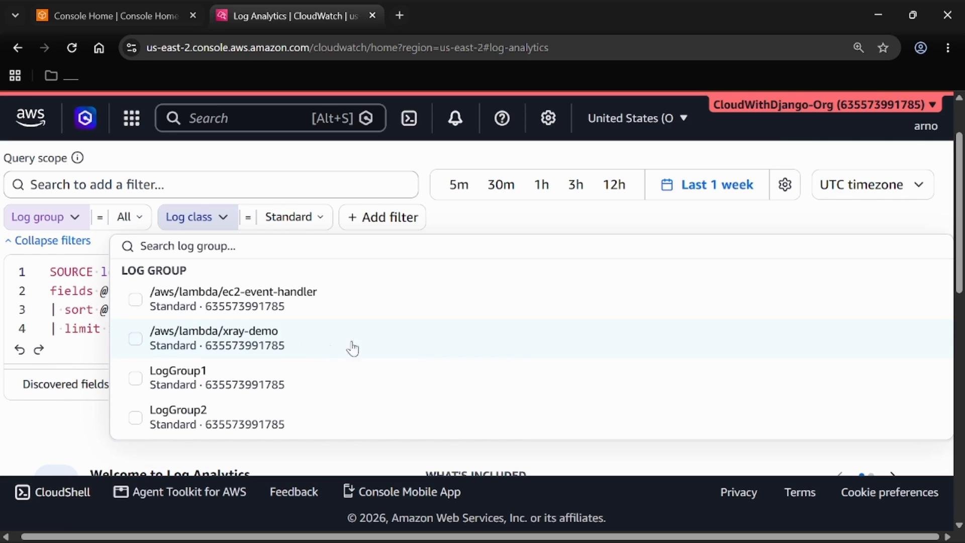 A screenshot of the AWS CloudWatch Log Analytics console with the log group picker open, showing Lambda log groups (e.g., /aws/lambda/xray-demo) and filters/time-range controls. The AWS console header and account/region bar are visible across the top.